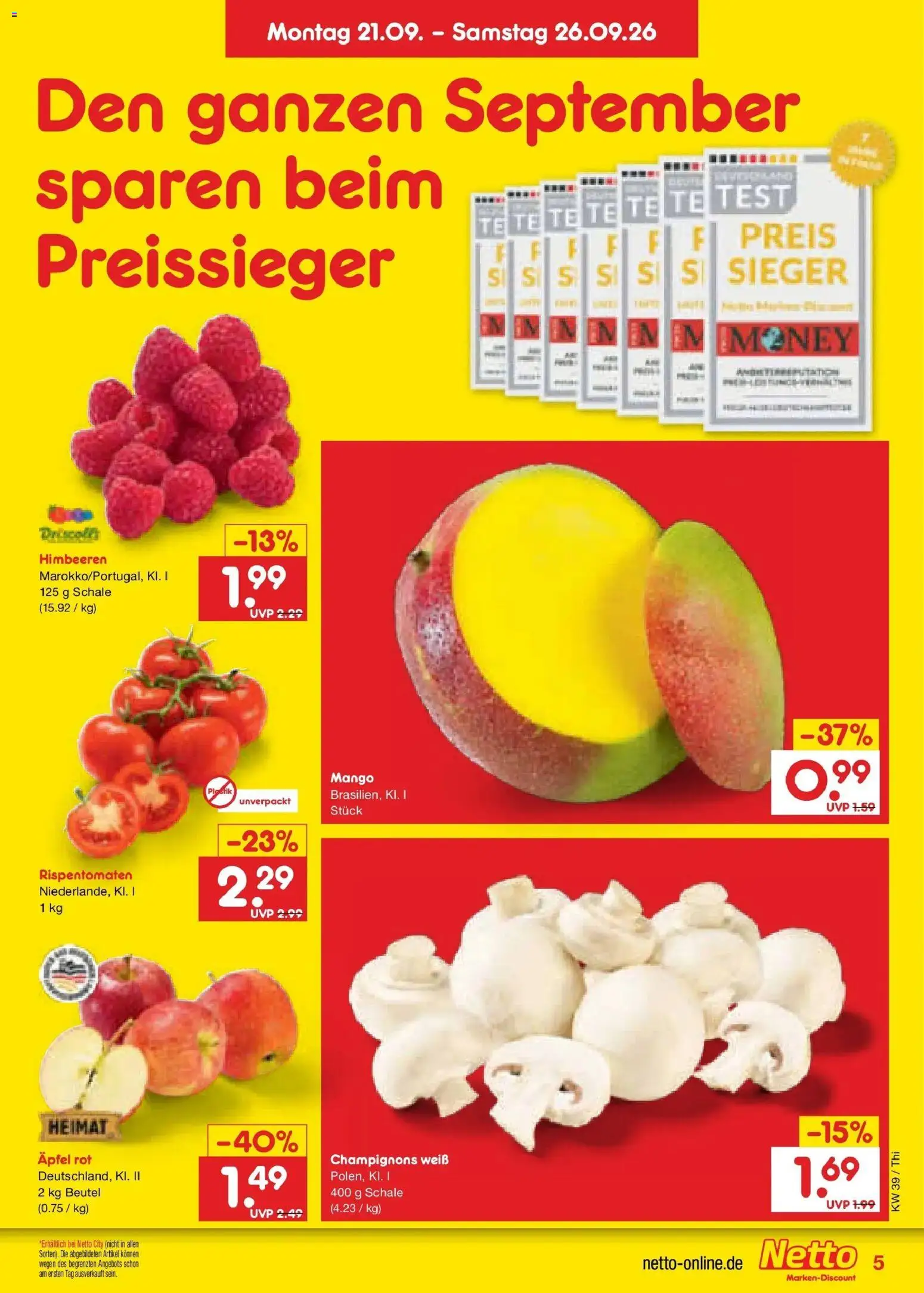 Netto Marken-Discount Prospekt Thiendorf – gültig ab 21.09.2026 | Seite: 5 | Produkte: Himbeeren, Äpfel, Champignons, Mango