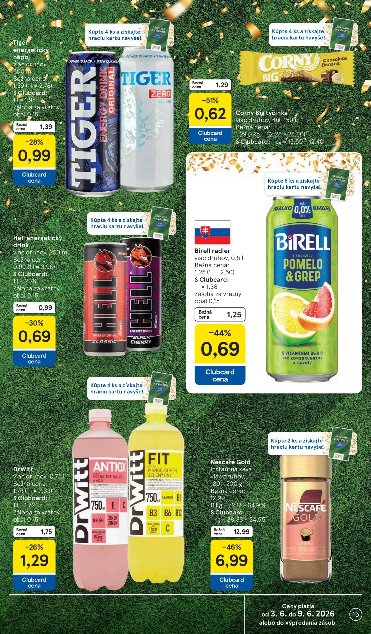Nové Tesco akcie – leták je platný od 03.06.2026 | Strana: 15 | Produkty: Káva, Birell, Zelený čaj, Energetický nápoj
