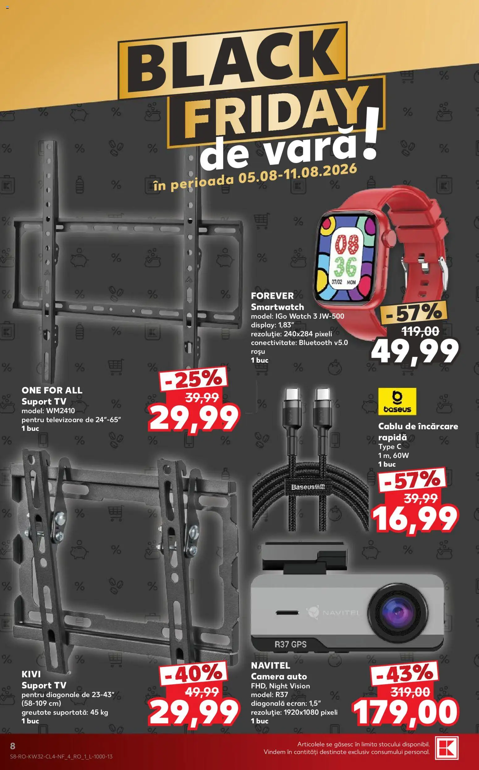 Noul catalog Kaufland – valabil de la 05.08.2026 | Pagină: 8 | Produse: Cameră auto, Cameră, Cablu, Smartwatch