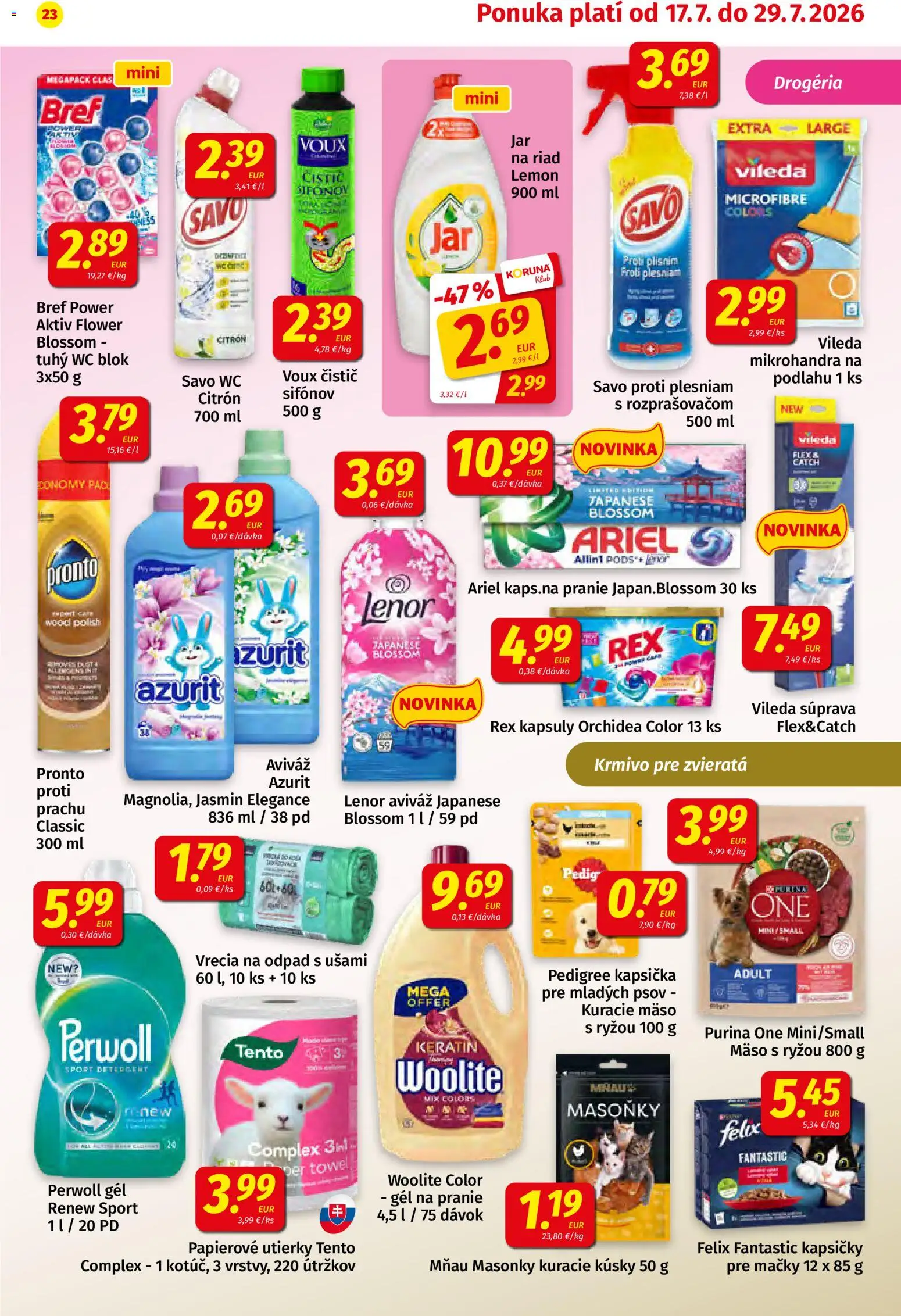 Nové Koruna akcie – leták je platný od 17.07.2026 | Strana: 23 | Produkty: Kuracie mäso, Perwoll, Wc blok, Ariel