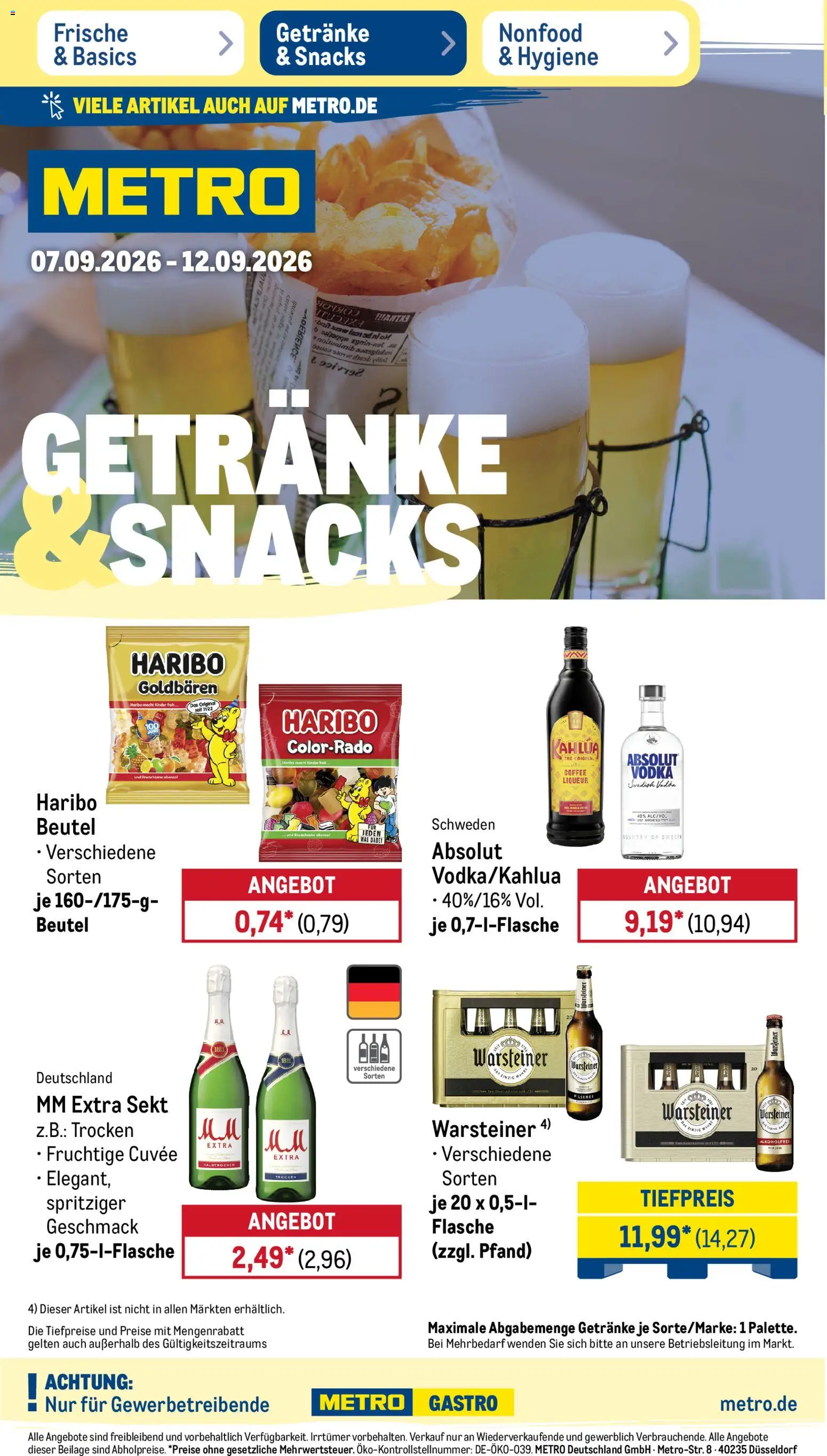 Metro Prospekt – gültig ab 07.09.2026 | Seite: 22 | Produkte: Haribo, Sekt, Warsteiner, Vodka