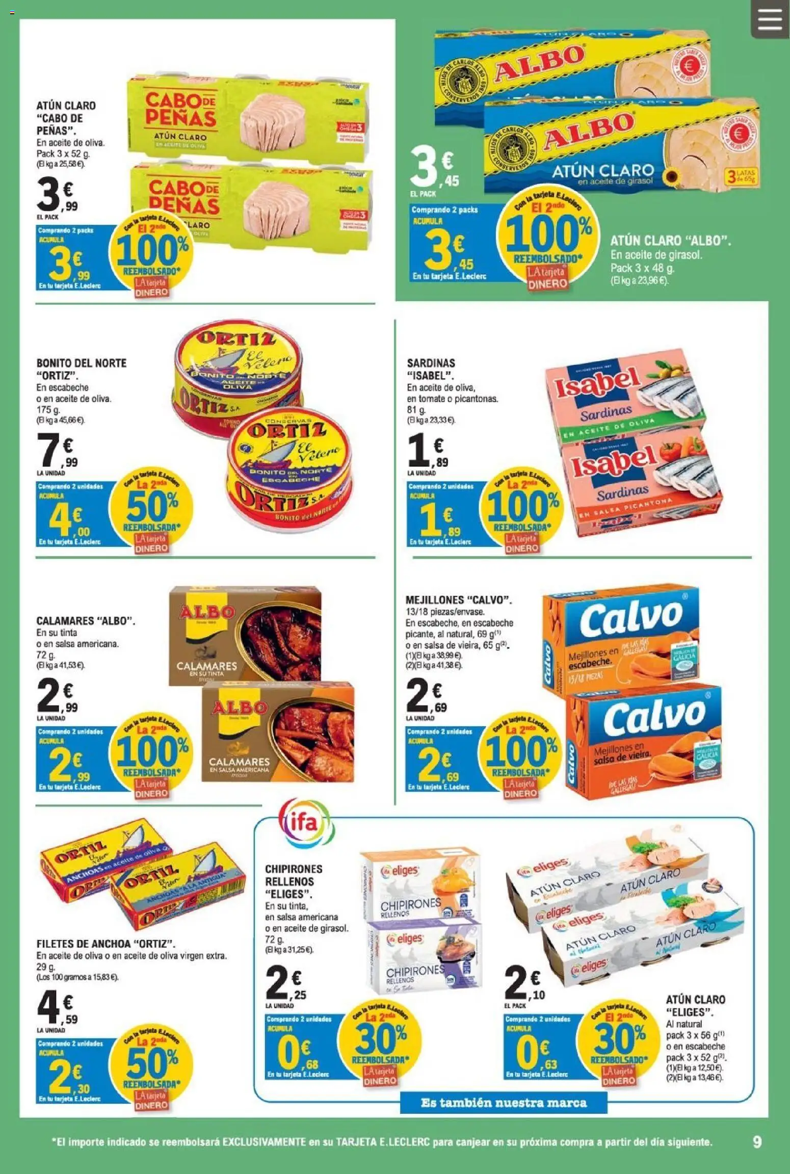 E.Leclerc Miranda de Ebro │ válido desde el 12/08/2026 | Página: 9 | Productos: Calamares, Atún, Tomate, Aceite de girasol