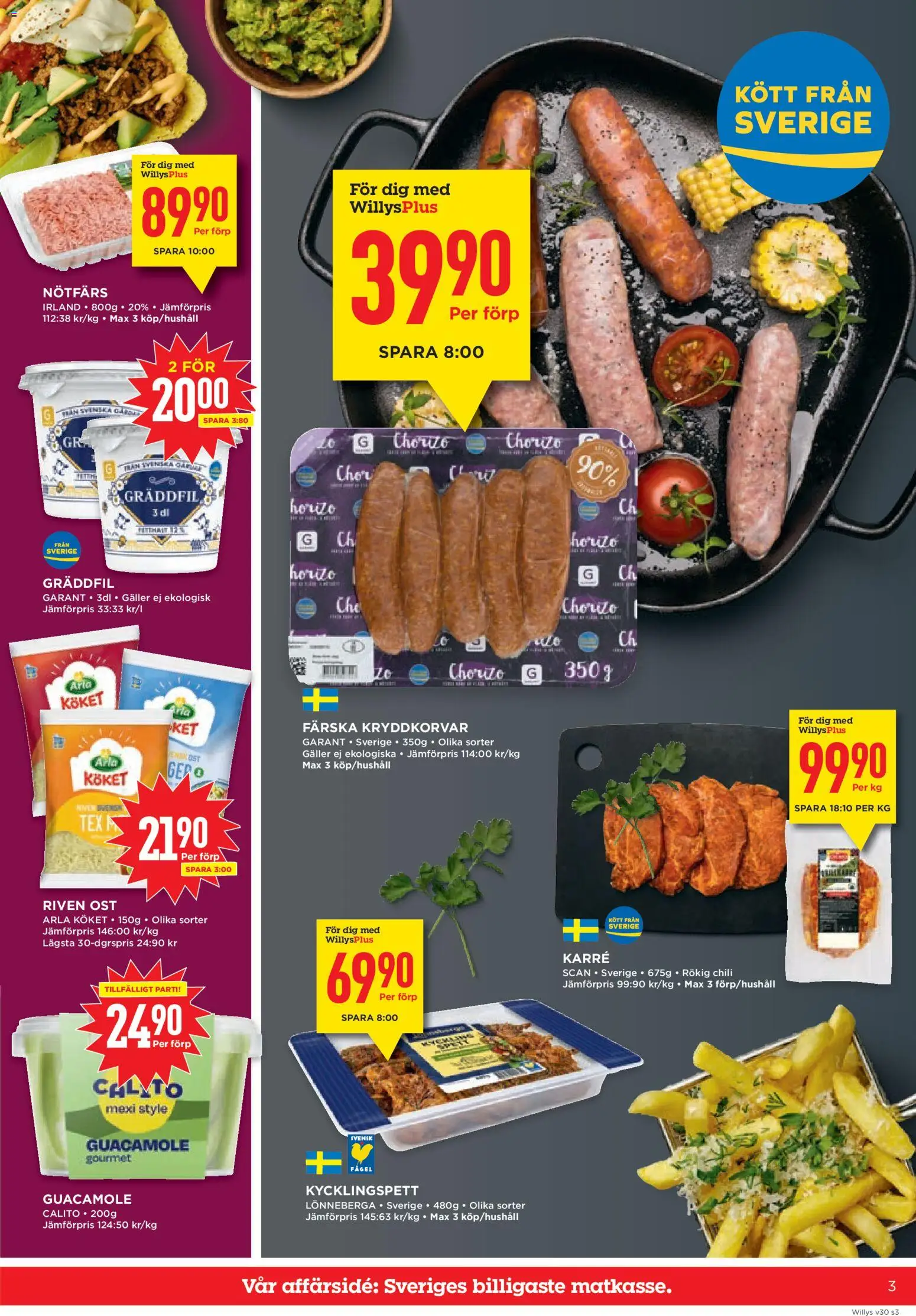 Willys reklamblad aktuell från 20/07/2026 | Sida: 3 | Produkter: Riven ost, Ost, Chili, Gräddfil