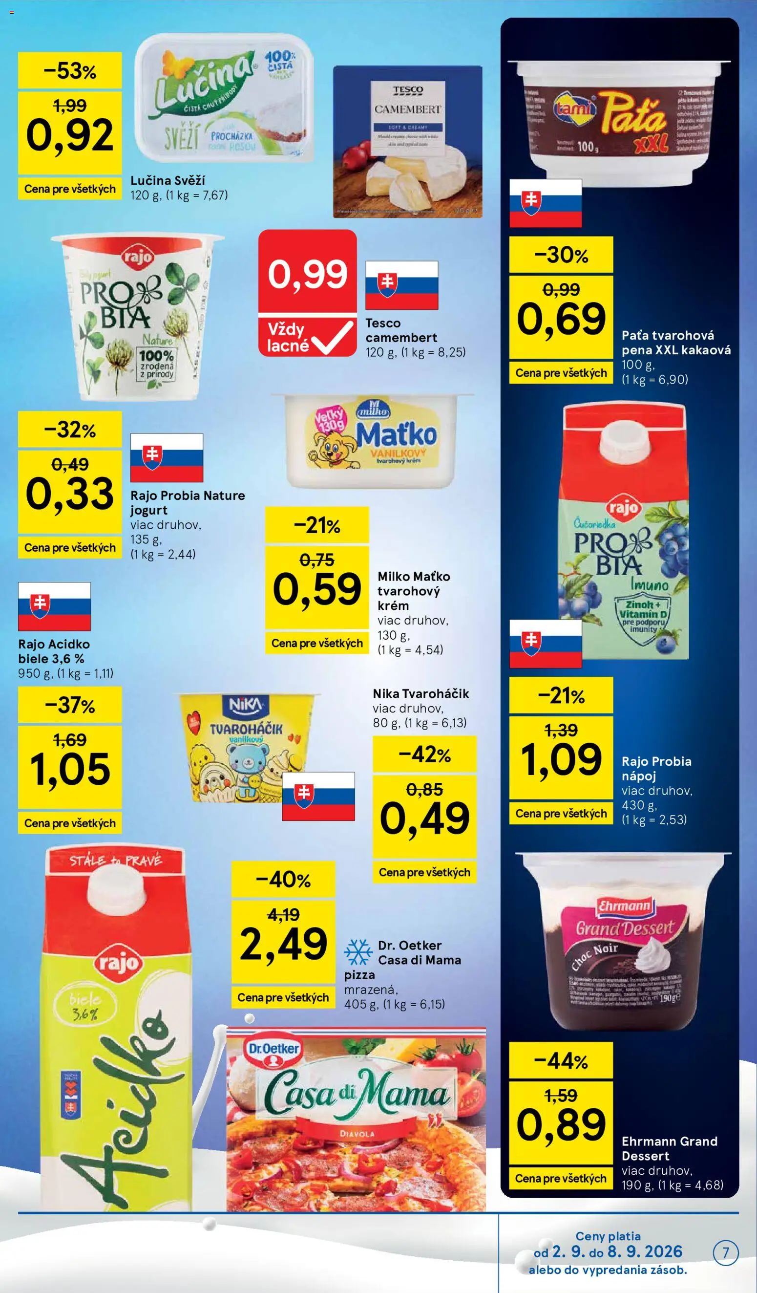 Nové Tesco akcie – leták je platný od 02.09.2026 | Strana: 7 | Produkty: Jogurt, Cream cheese, Tvarohový krém, Camembert