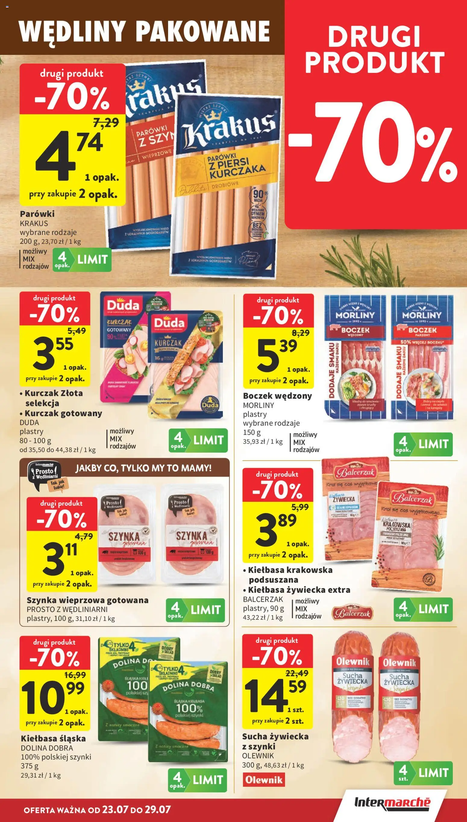 Intermarche gazetka od 23.07.2026 | Strona: 15 | Produkty: Kiełbasa, Parówki, Szynka, Boczek wędzony