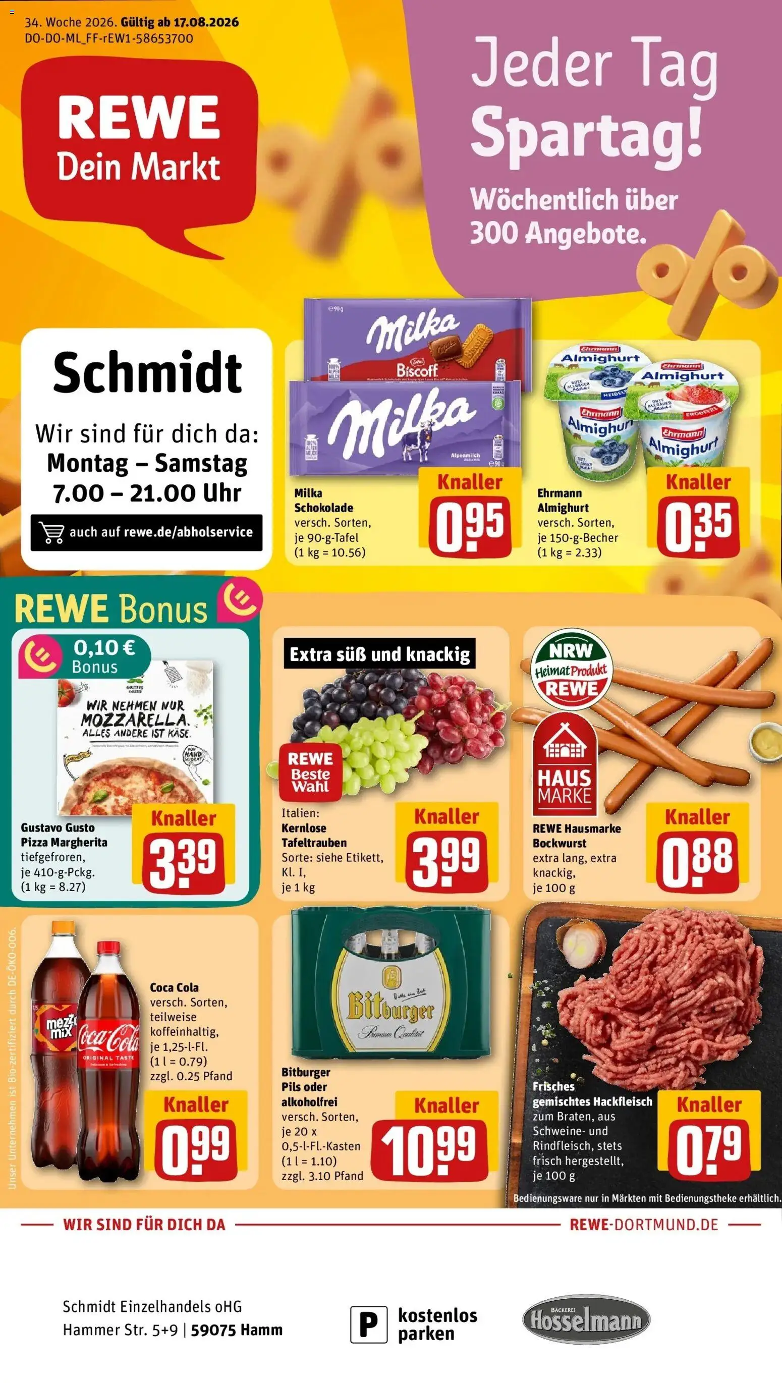REWE Prospekt ab 17.08.2026 zum Blättern » Angebote | Seite: 1 | Produkte: Bäckerei, Ehrmann almighurt, Pils, Milka