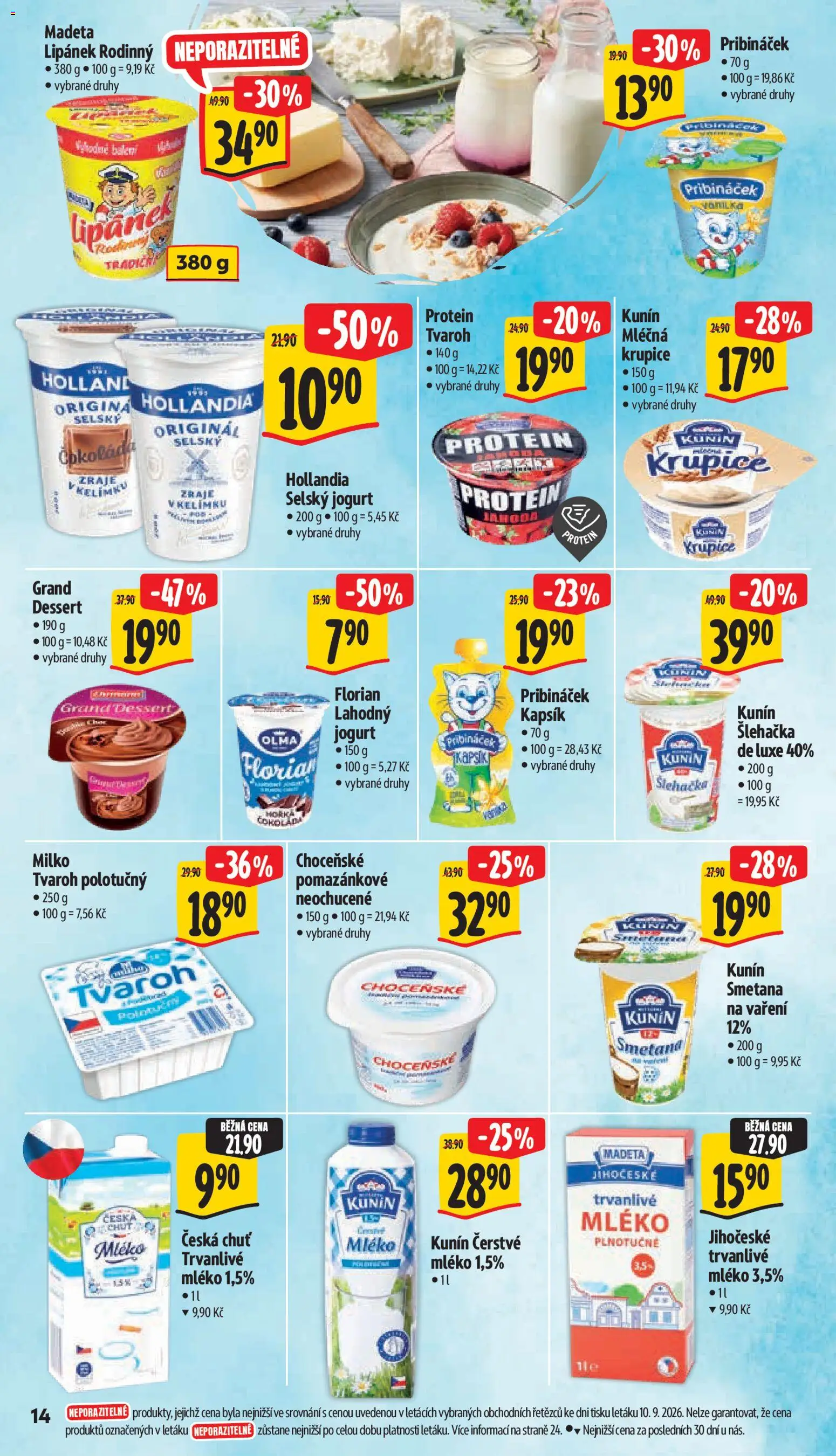 Albert leták - Supermarket od 16.09.2026 | Strana: 24 | Produkty: Jogurt, Trvanlivé mléko, Pribináček, Jogurt florian