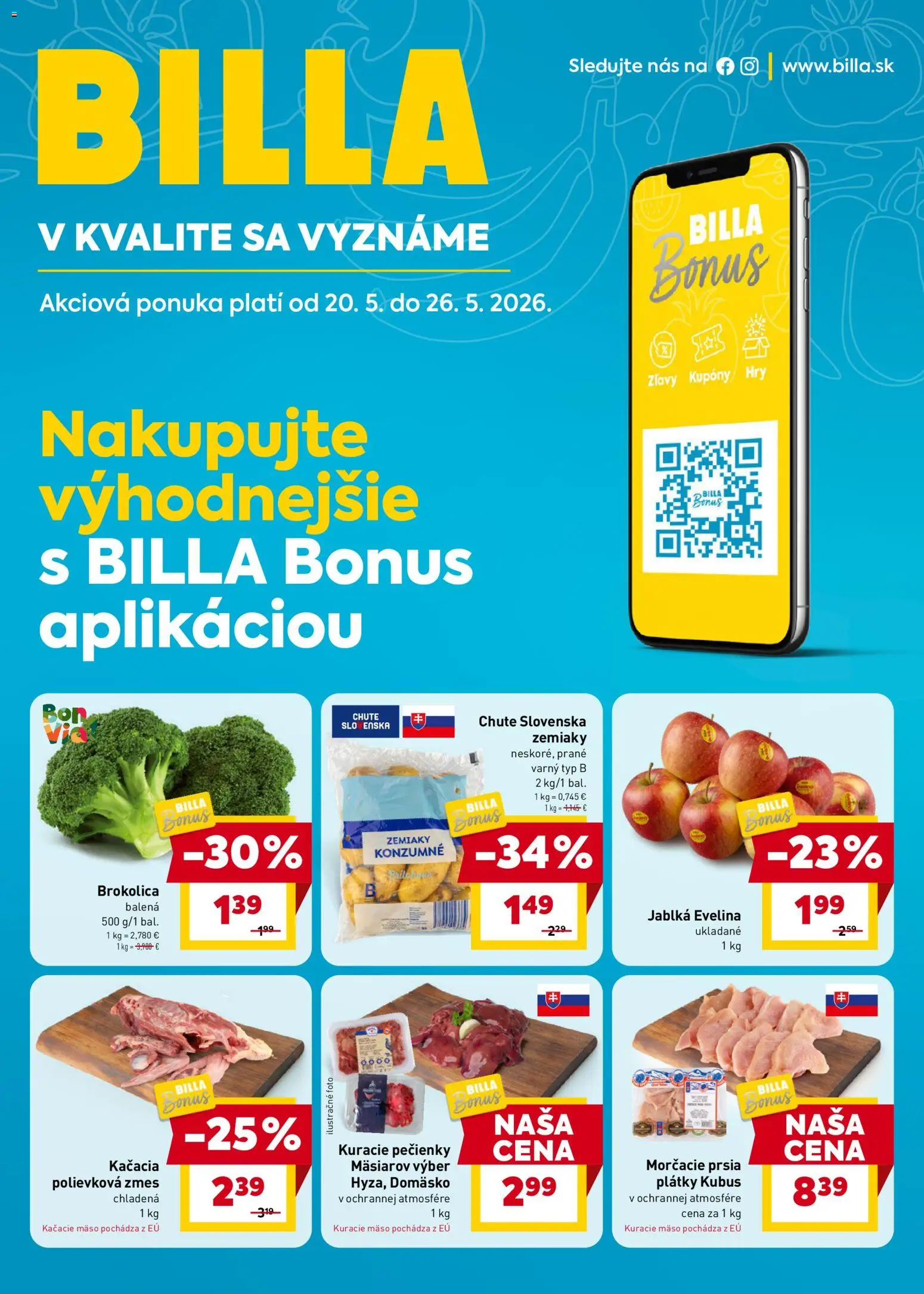 Nové Billa akcie – leták je platný od 20.05.2026 | Strana: 1 | Produkty: Kuracie mäso, Jablká, Brokolica, Zemiaky