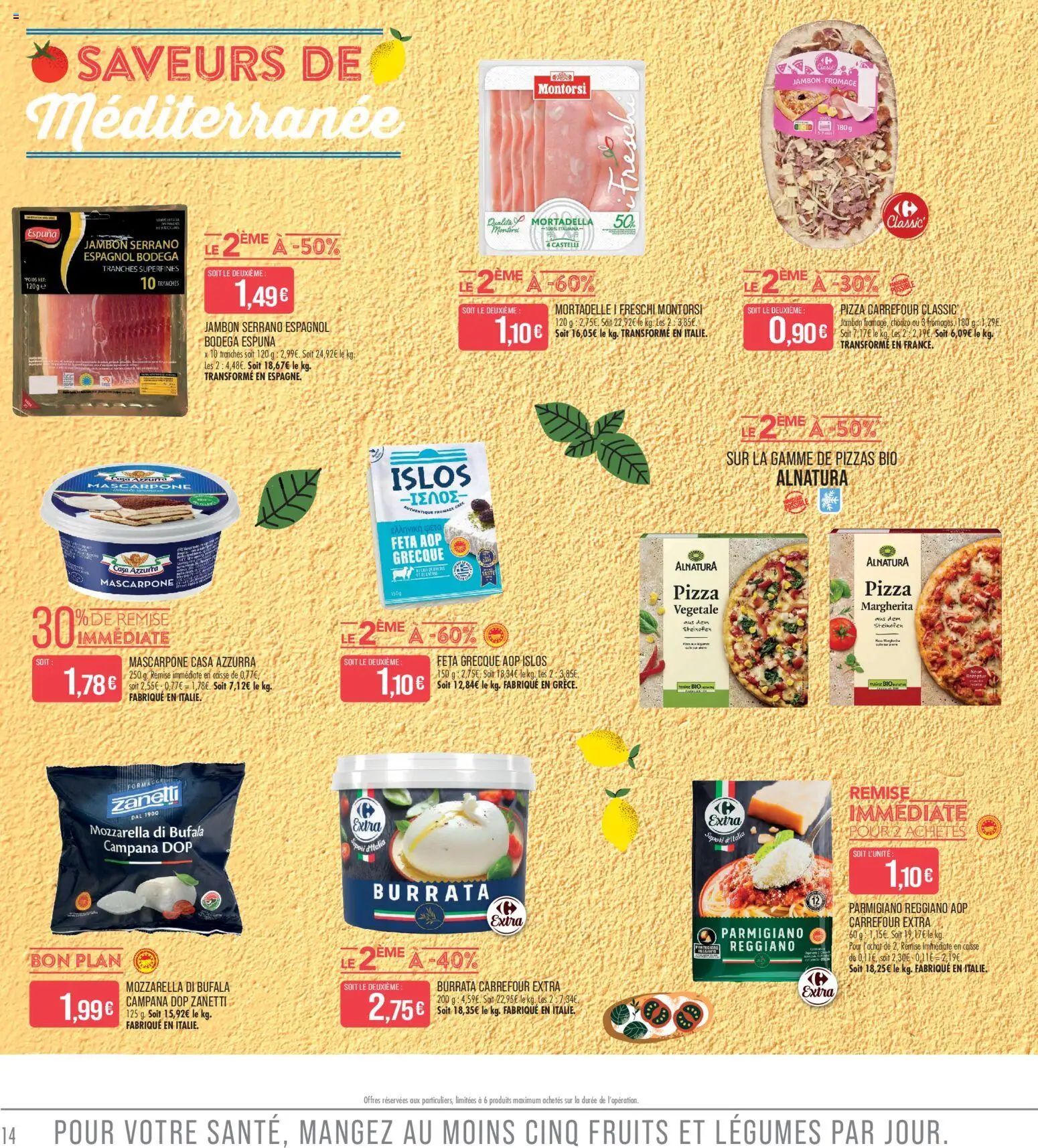 {H1} | Page: 14 | Produits: Feta, Mozzarella, Jambon serrano, Fromage
