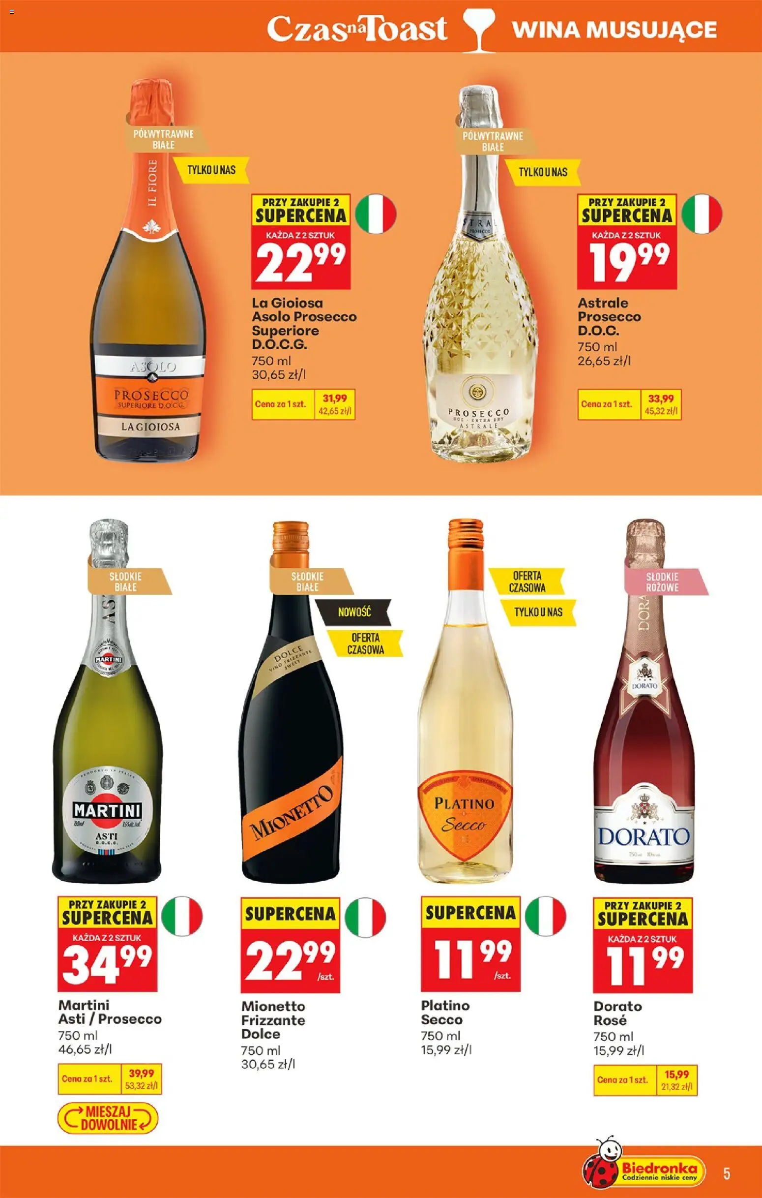 Biedronka gazetka - Czas na toast od 13.07.2026 | Strona: 5 | Produkty: Dorato Rose, Martini, Wino, Prosecco