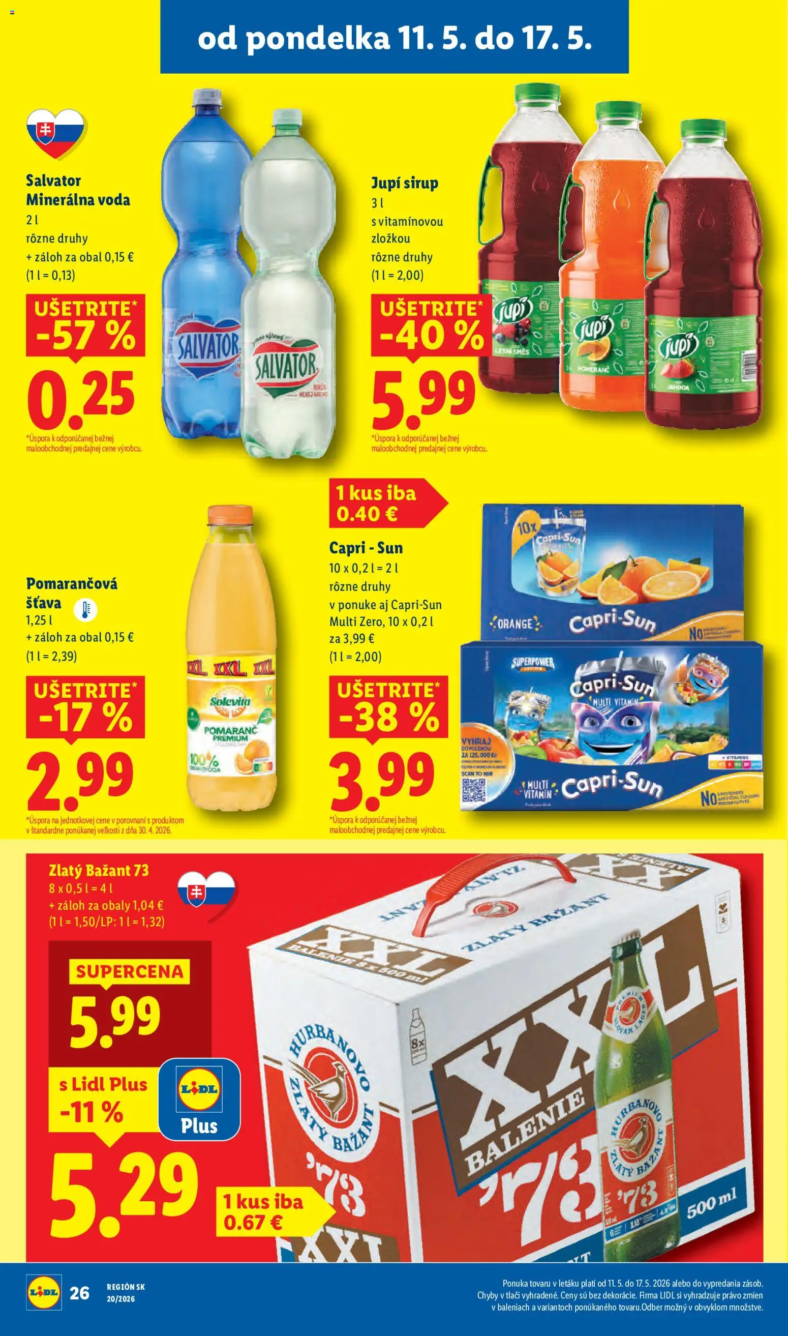 Nové Lidl akcie – leták je platný od 11.05.2026 | Strana: 32 | Produkty: Zlatý Bažant, Voda, Minerálna voda
