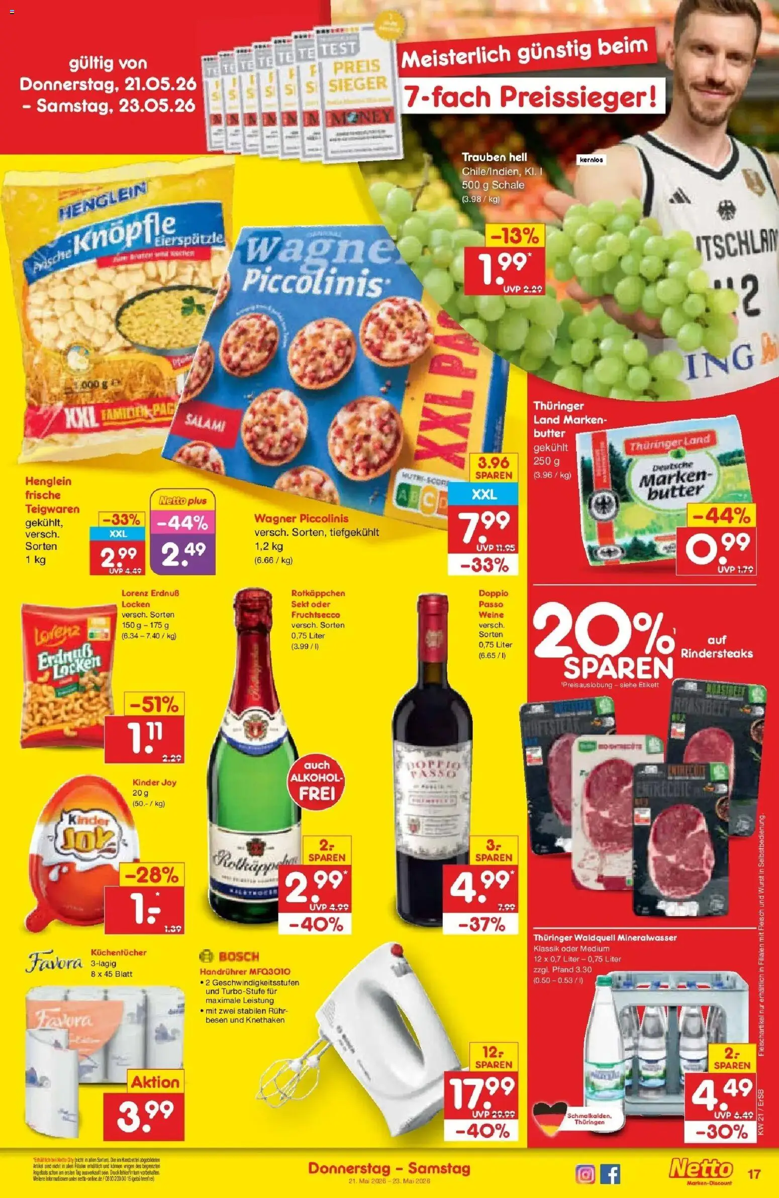 Netto Marken-Discount Prospekt Nordhausen	 – gültig ab 17.05.2026 | Seite: 19 | Produkte: Butter, Sekt, Piccolinis, Salami