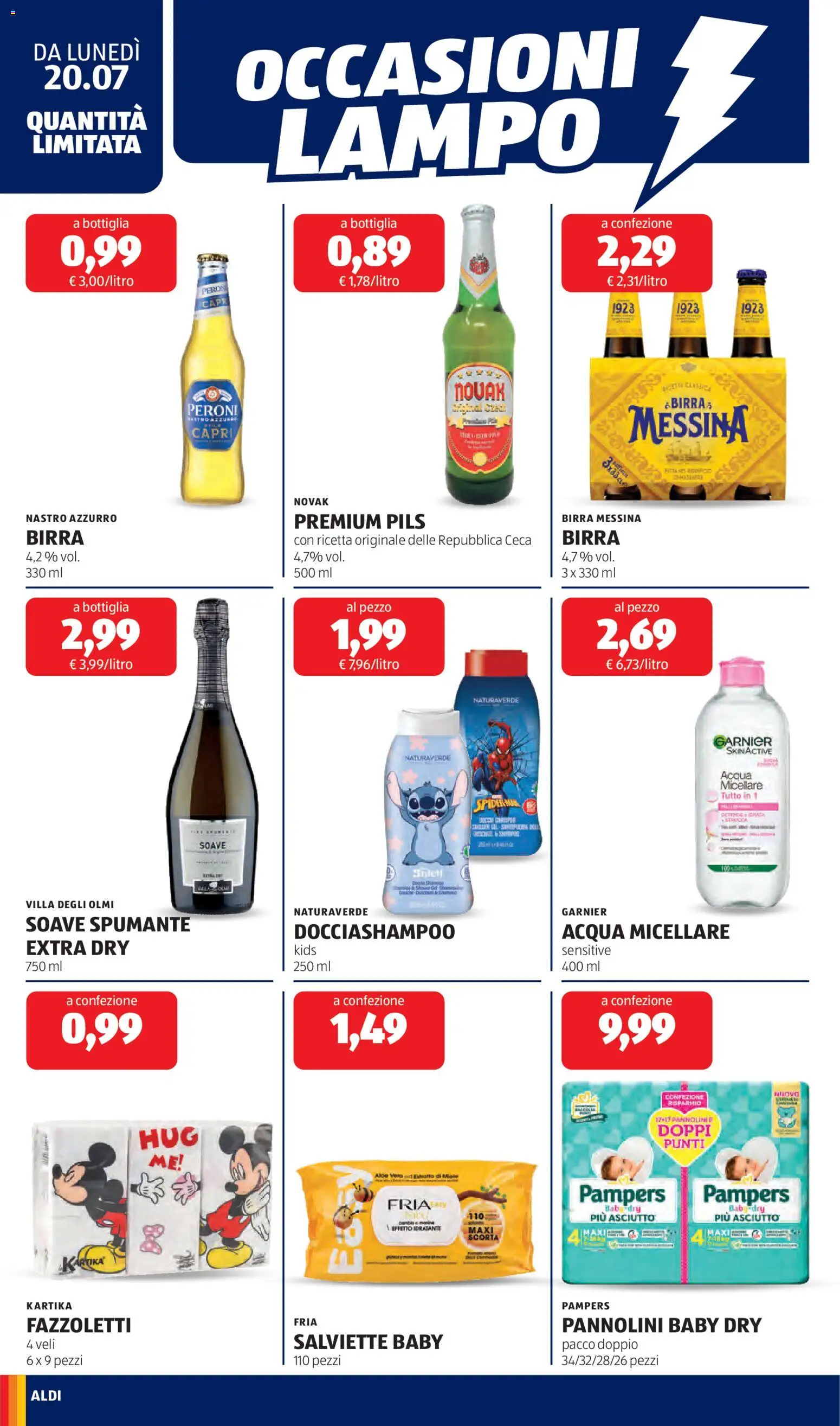 Volantino Aldi del 20/07/2026 | Pagina: 18 | Prodotti: Birra, Fazzoletti, Pampers, Bottiglia