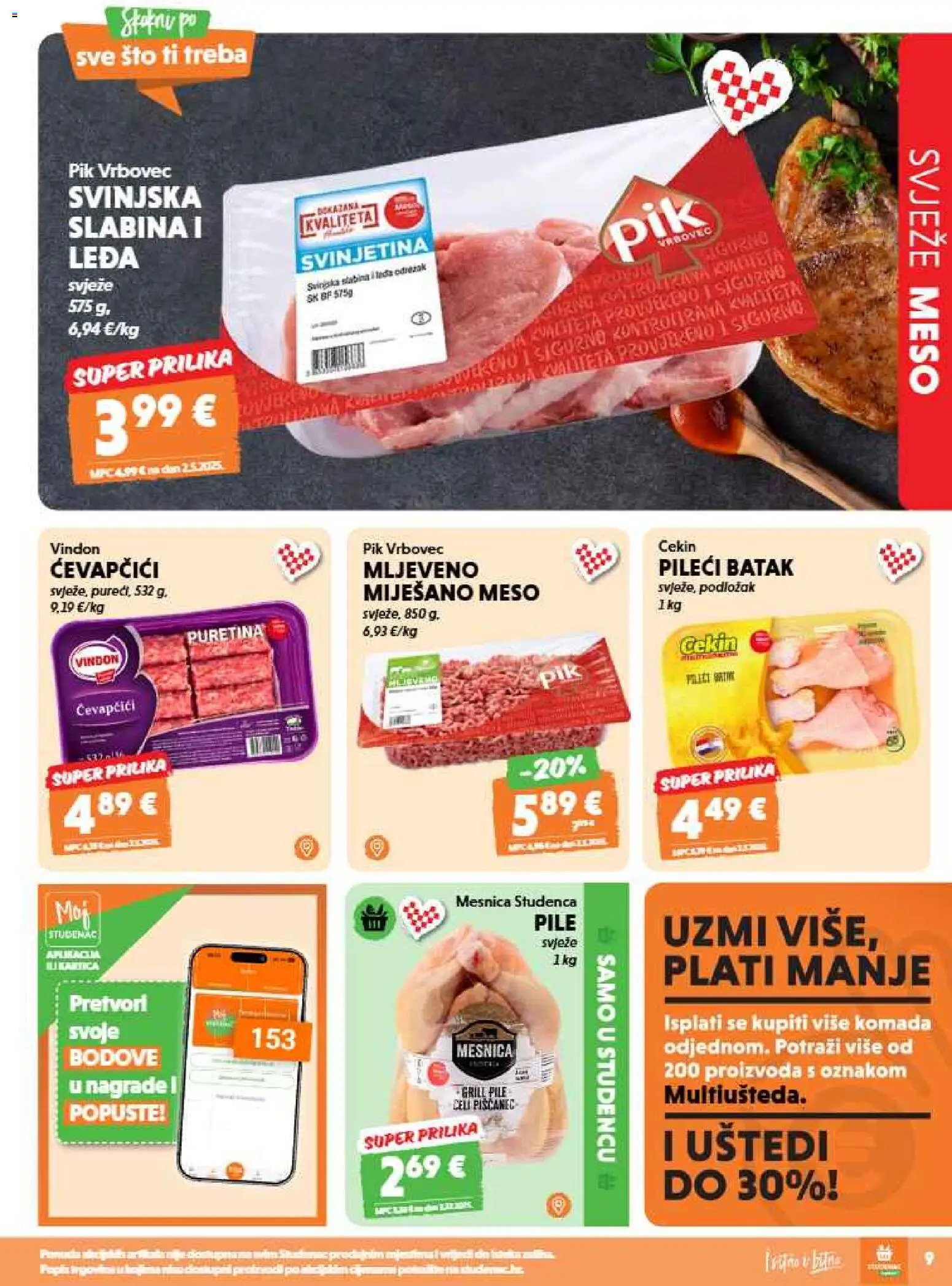Studenac katalog | vrijedi od 12.08.2026 | Stranica: 9 | Proizvodi: Puretina, Pileći batak, Pik Vrbovec, Ćevapčići