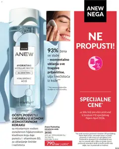 Anew Hydrating micelarna voda, sa micelarnom vodom osnaženom hijaluronskom kiselinom koja daje punoću i vitaminom B3, za uklanjanje šminke i nečistoća - pregled AVON kataloga - važi od 01.04.2026 | Strana: 111 | Proizvode: Voda, Micelarna voda
