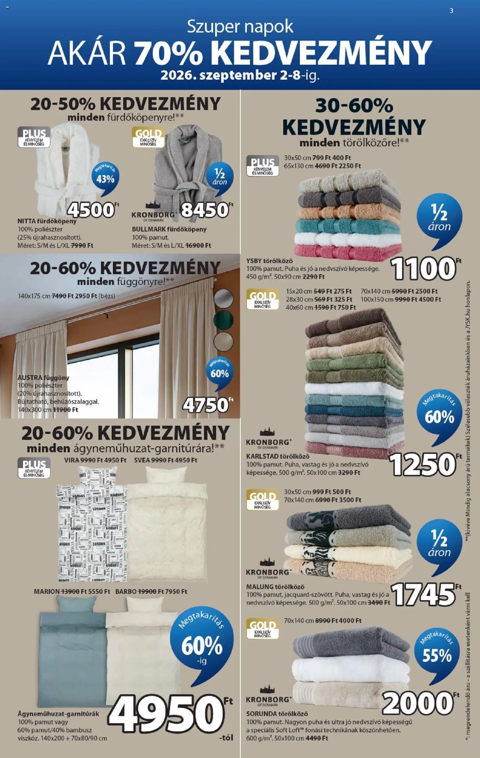 JYSK akciós ujság - amely érvényes a következő dátumtól: 2026.09.02. | Oldal: 3 | Termékek: Törölköző, Függöny, Kronborg, Fürdőköpeny