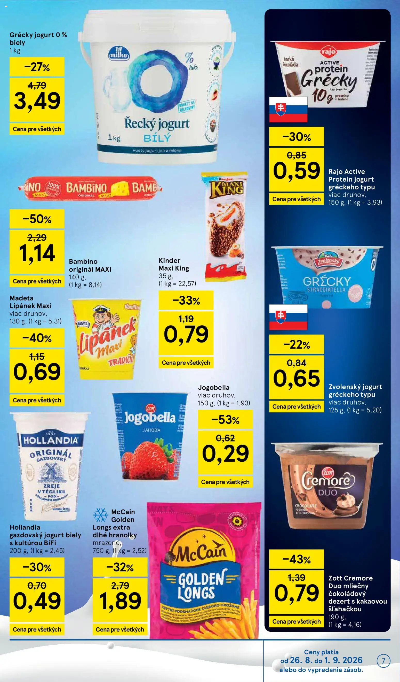 Nové Tesco akcie – leták je platný od 26.08.2026 | Strana: 7 | Produkty: Jogurt, Protein, Kinder, Čokoláda