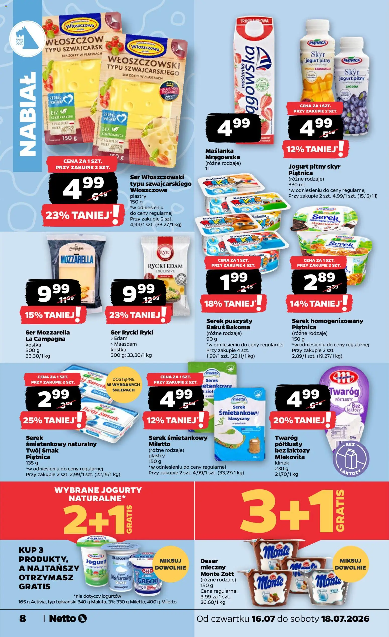 Netto gazetka od czwartku od 16.07.2026 | Strona: 8 | Produkty: Ser żółty, Jogurt pitny, Jogurt naturalny, Skyr