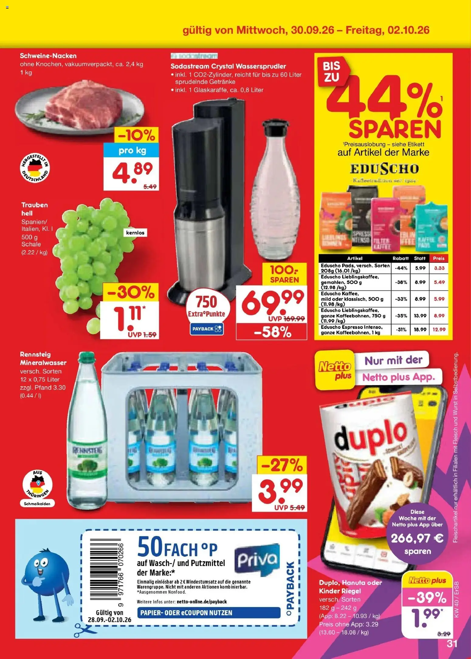 Netto Marken-Discount Prospekt Nordhausen – gültig ab 28.09.2026 | Seite: 49 | Produkte: Trauben, Schweinenacken, Mineralwasser, Wurst