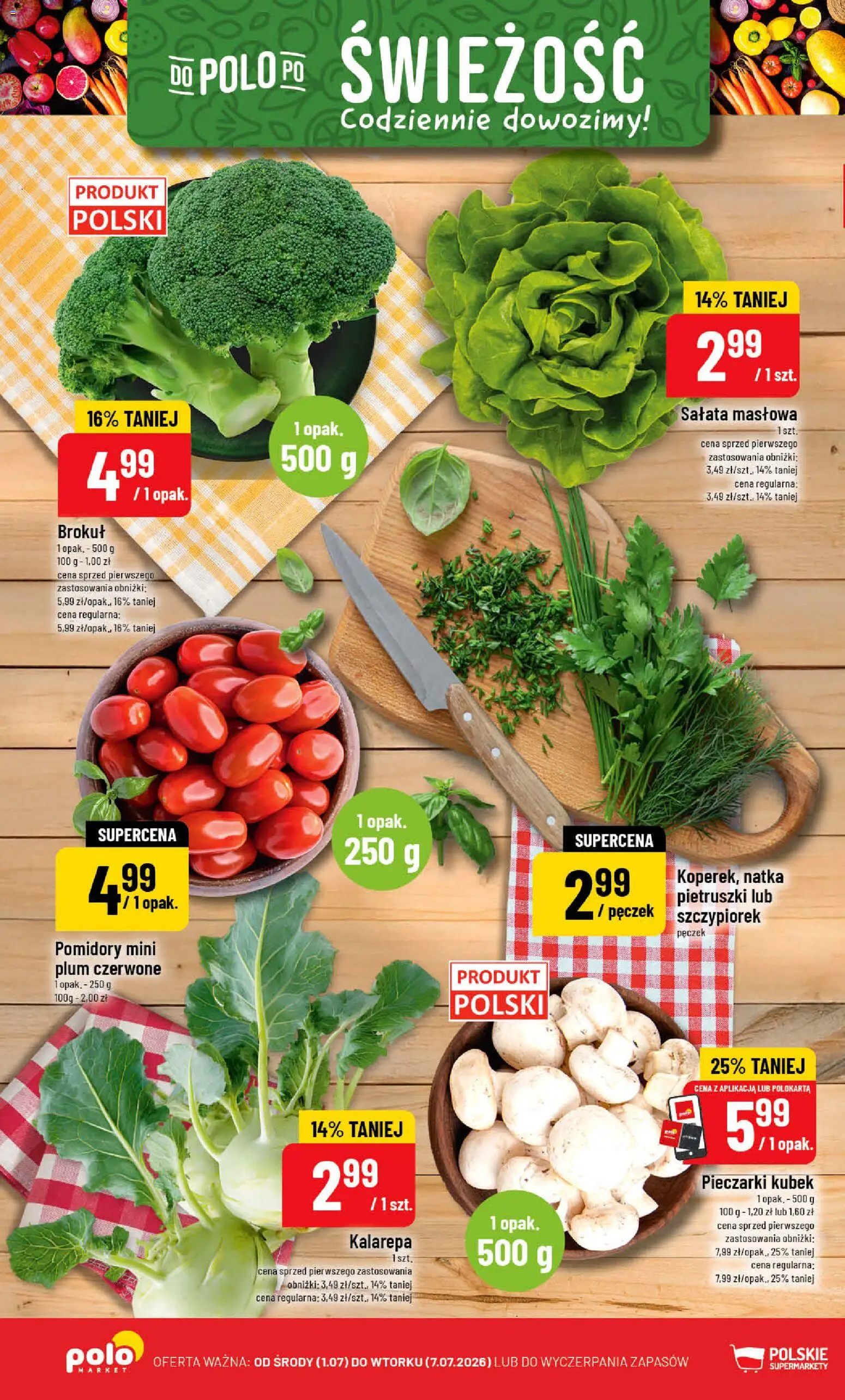 POLOmarket gazetka od 01.07.2026 | Strona: 10 | Produkty: Pieczarki, Brokuł, Kalarepa, Pomidory