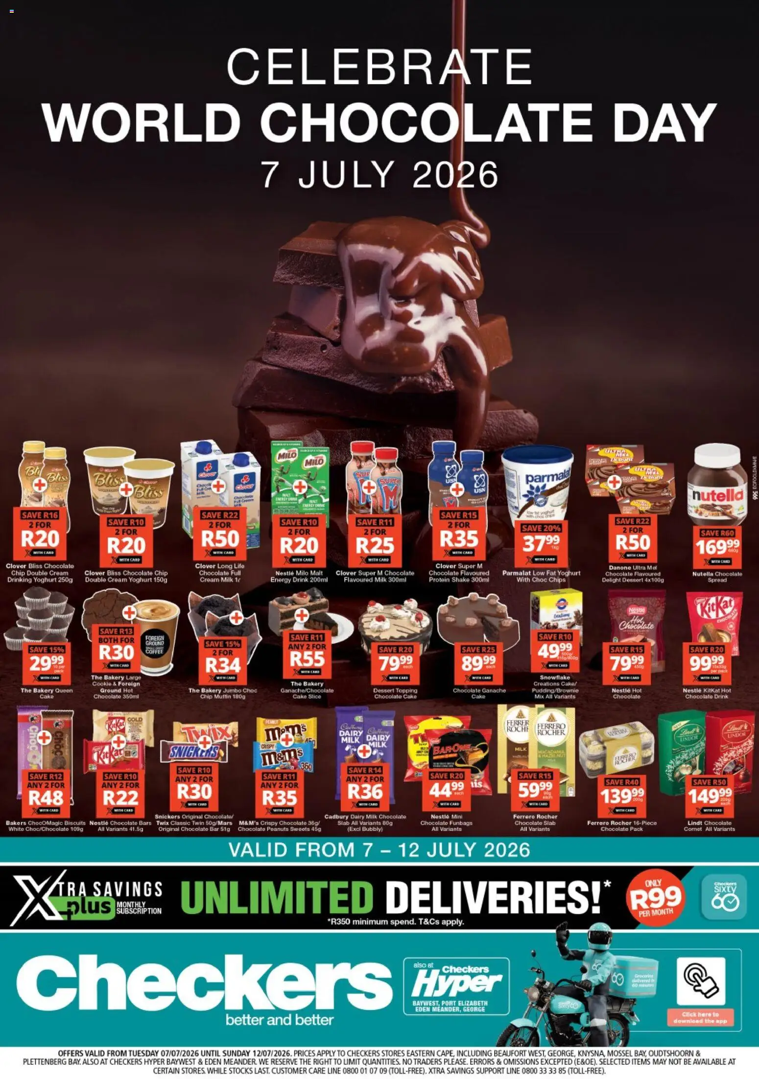 New Checkers catalogue – valid from 07/07/2026 | Page: 1 | Products: Cake, Yoghurt, Hot chocolate, Biscuits