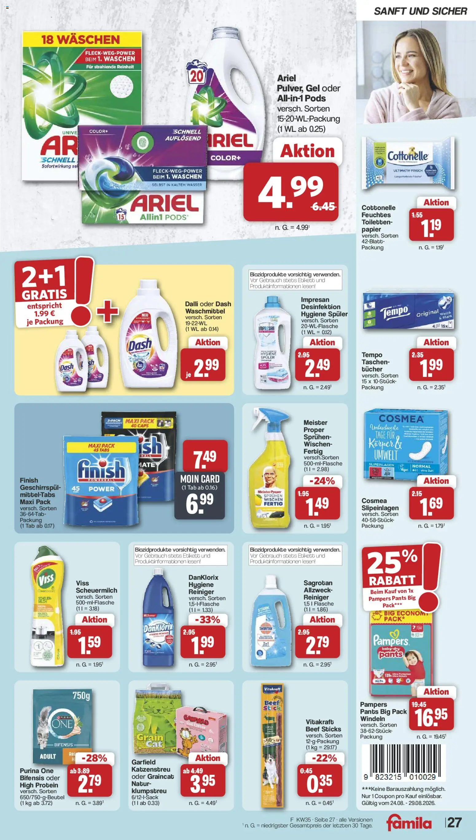 Famila Nordwest Prospekt – gültig ab 23.08.2026 | Seite: 31 | Produkte: Purina one, Ariel, Taschen, Tempo