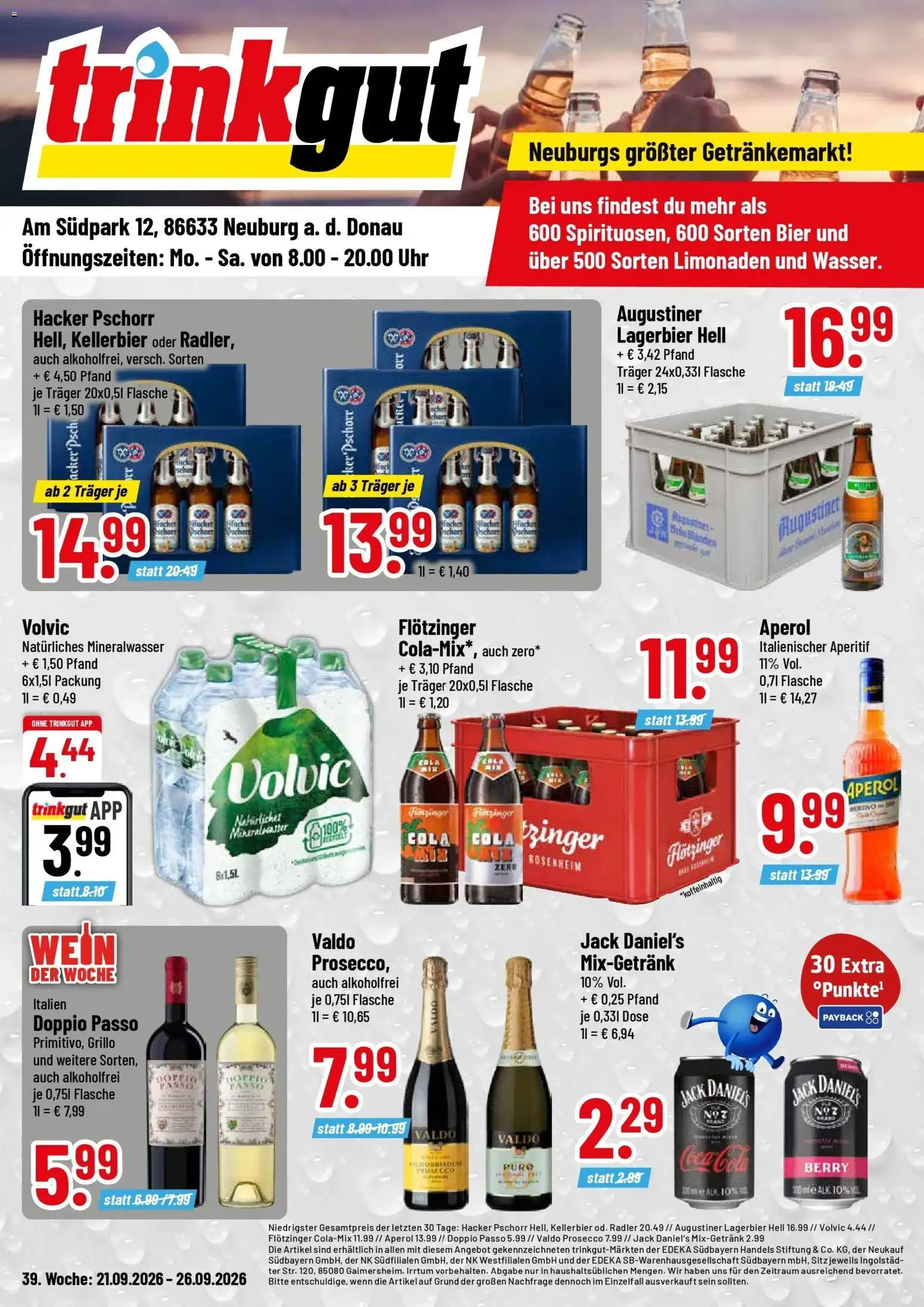 Trinkgut Prospekt Neuburg An Der Donau (ab 21.09.2026) » Angebote online | Seite: 1 | Produkte: Mixgetränk, Jack Daniel's, Doppio Passo, Uhr