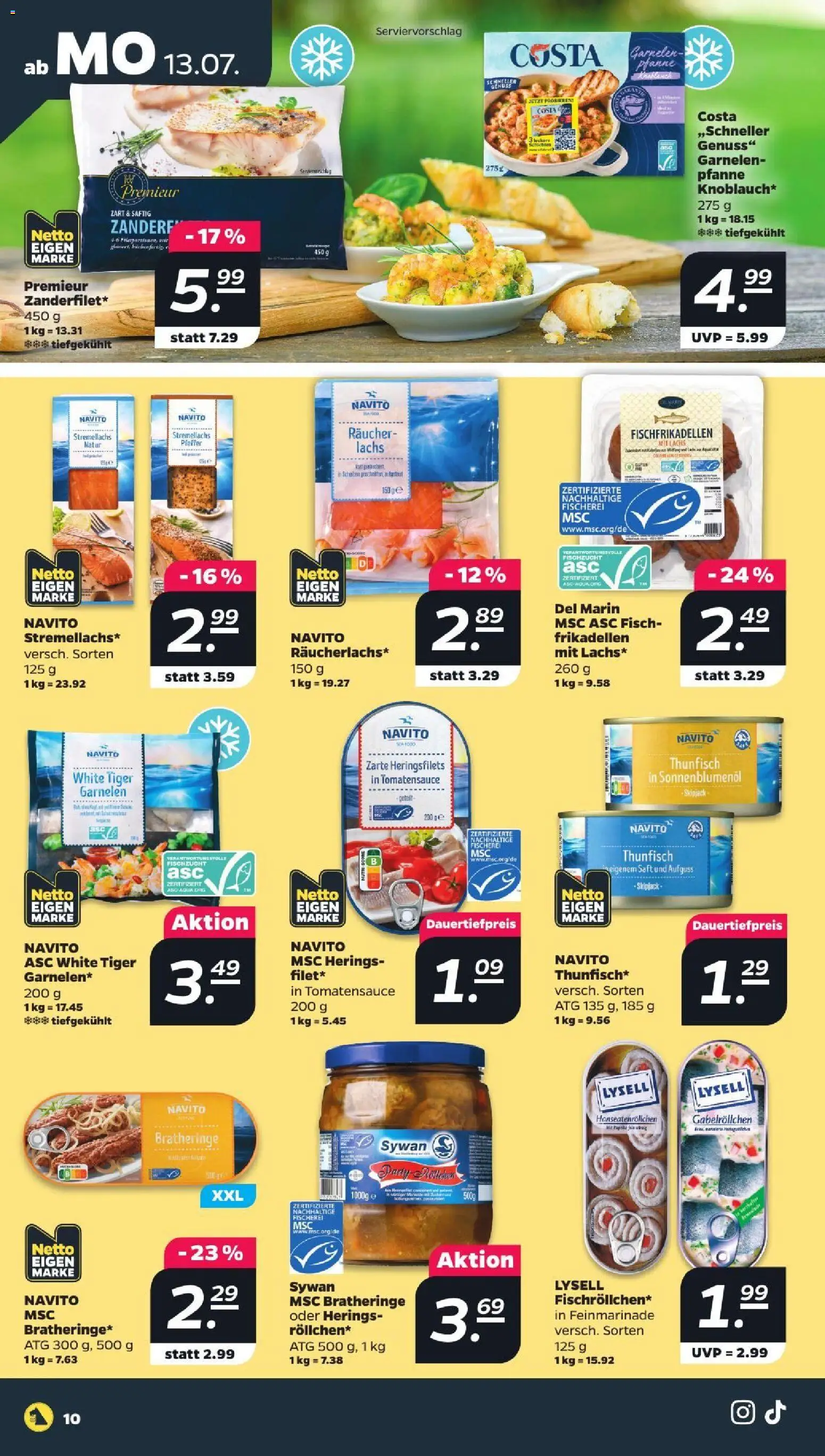 Netto Prospekt – gültig ab 13.07.2026 | Seite: 10 | Produkte: Thunfisch, Garnelen, Fisch, Lachs