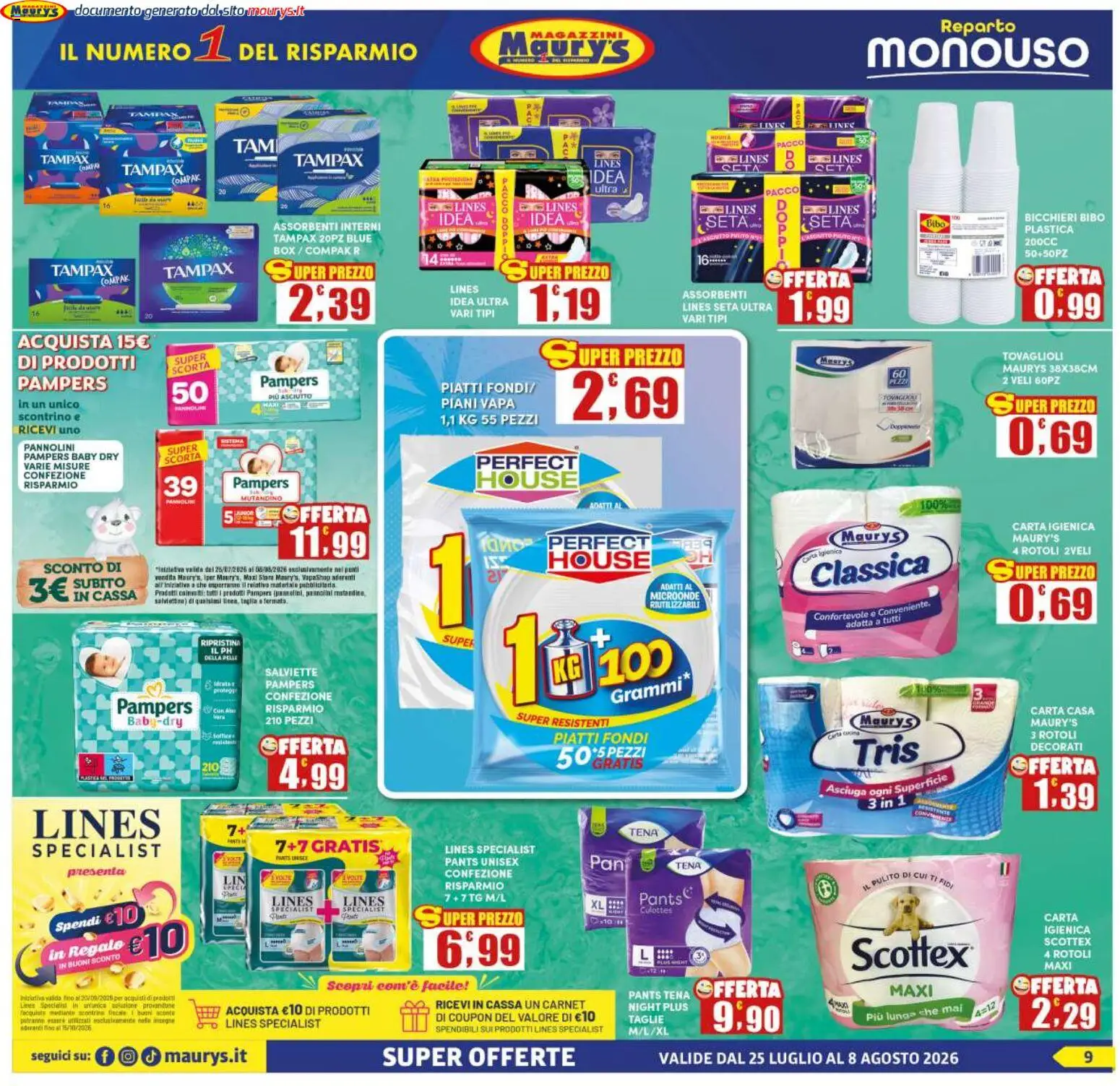 Volantino Maury's del 25/07/2026 | Pagina: 9 | Prodotti: Microonde, Pannolini, Carta igienica, Pampers