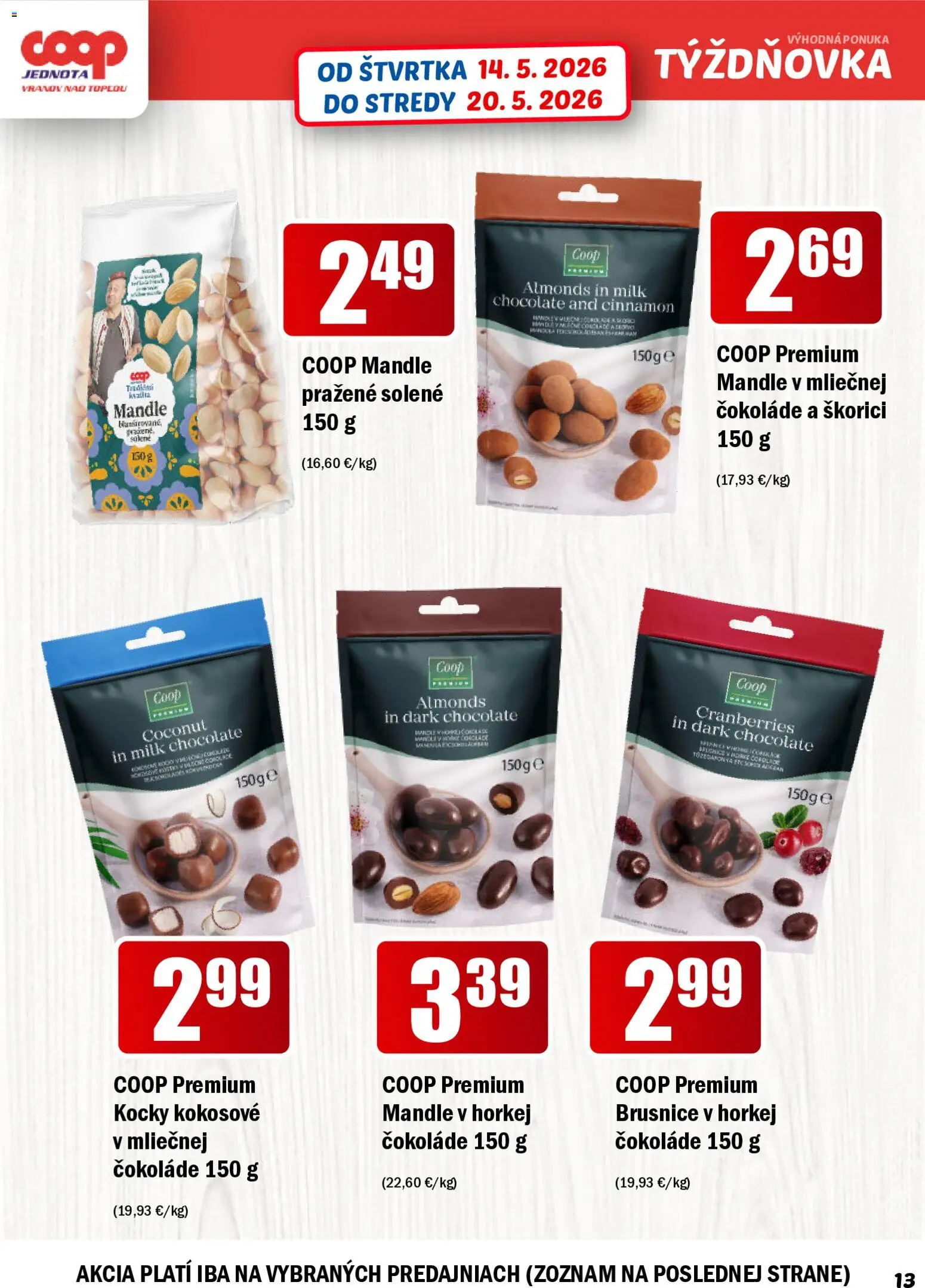 Nové COOP Jednota akcie – leták je platný od 14.05.2026 | Strana: 13 | Produkty: Mandle