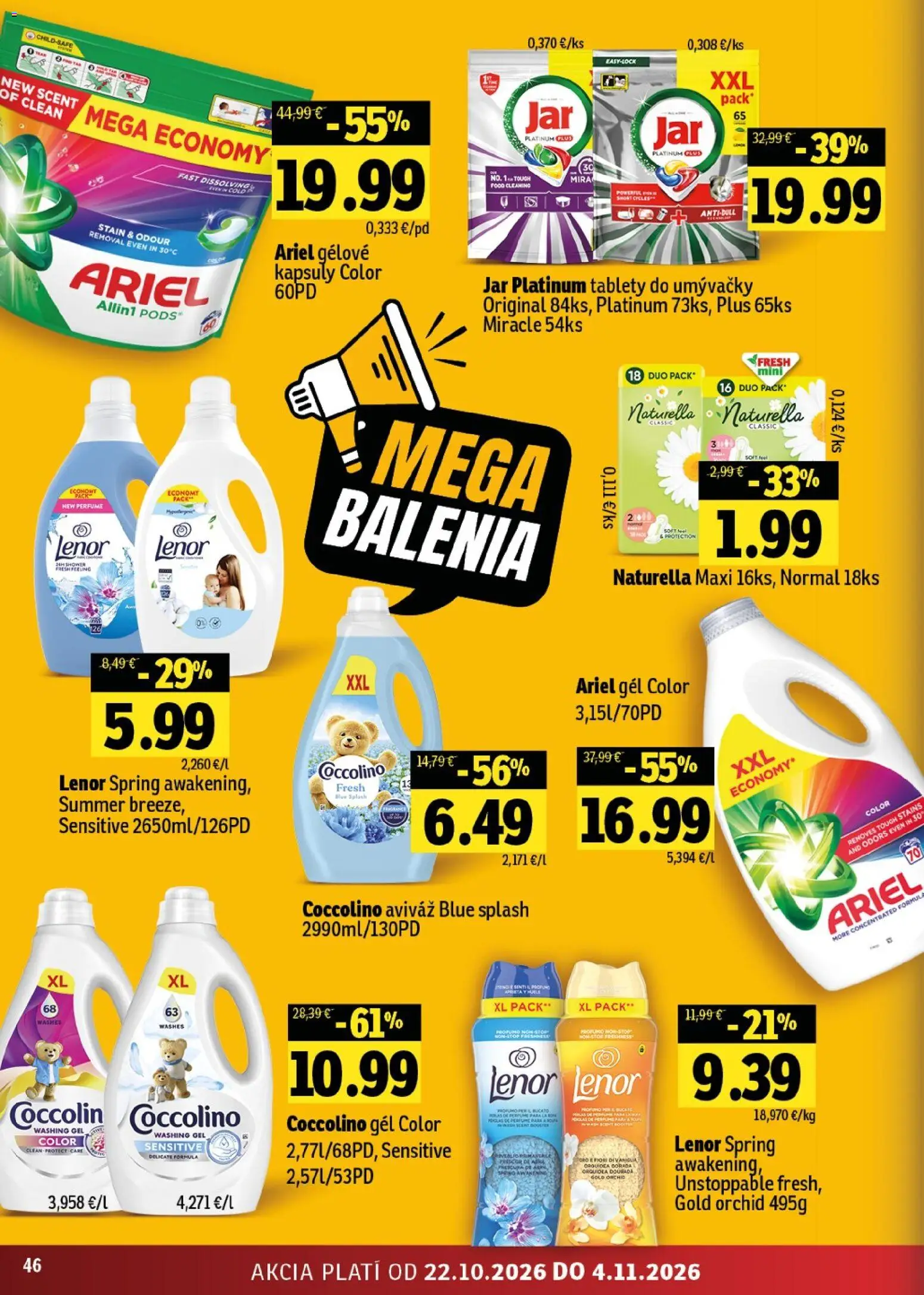 Nové Fresh akcie – leták je platný od 22.10.2026 | Strana: 46 | Produkty: Aviváž, Ariel, Coccolino, Lenor
