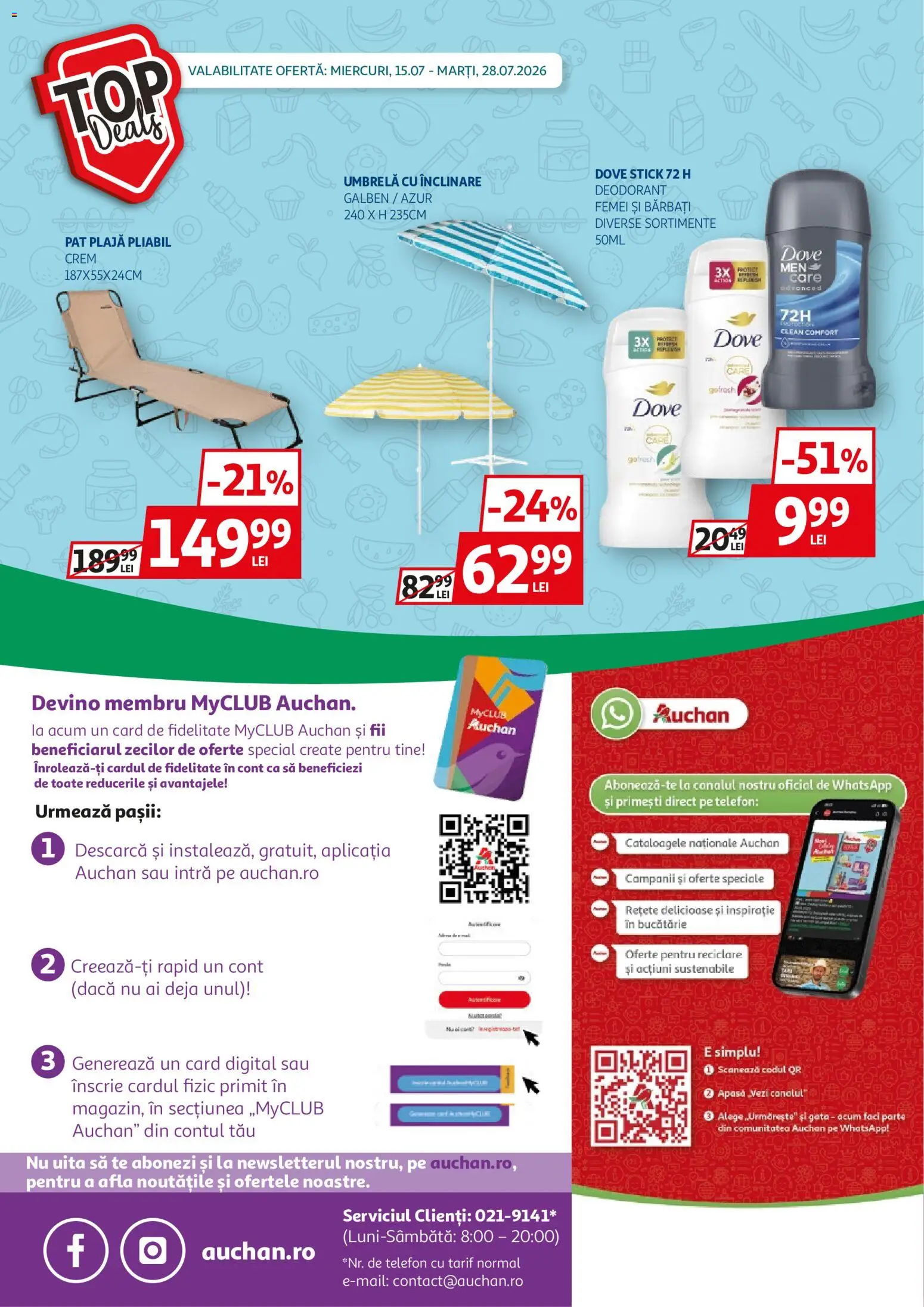 Noul catalog Auchan – valabil de la 15.07.2026 | Pagină: 40 | Produse: Umbrelă, Clean, Pat, Deodorant