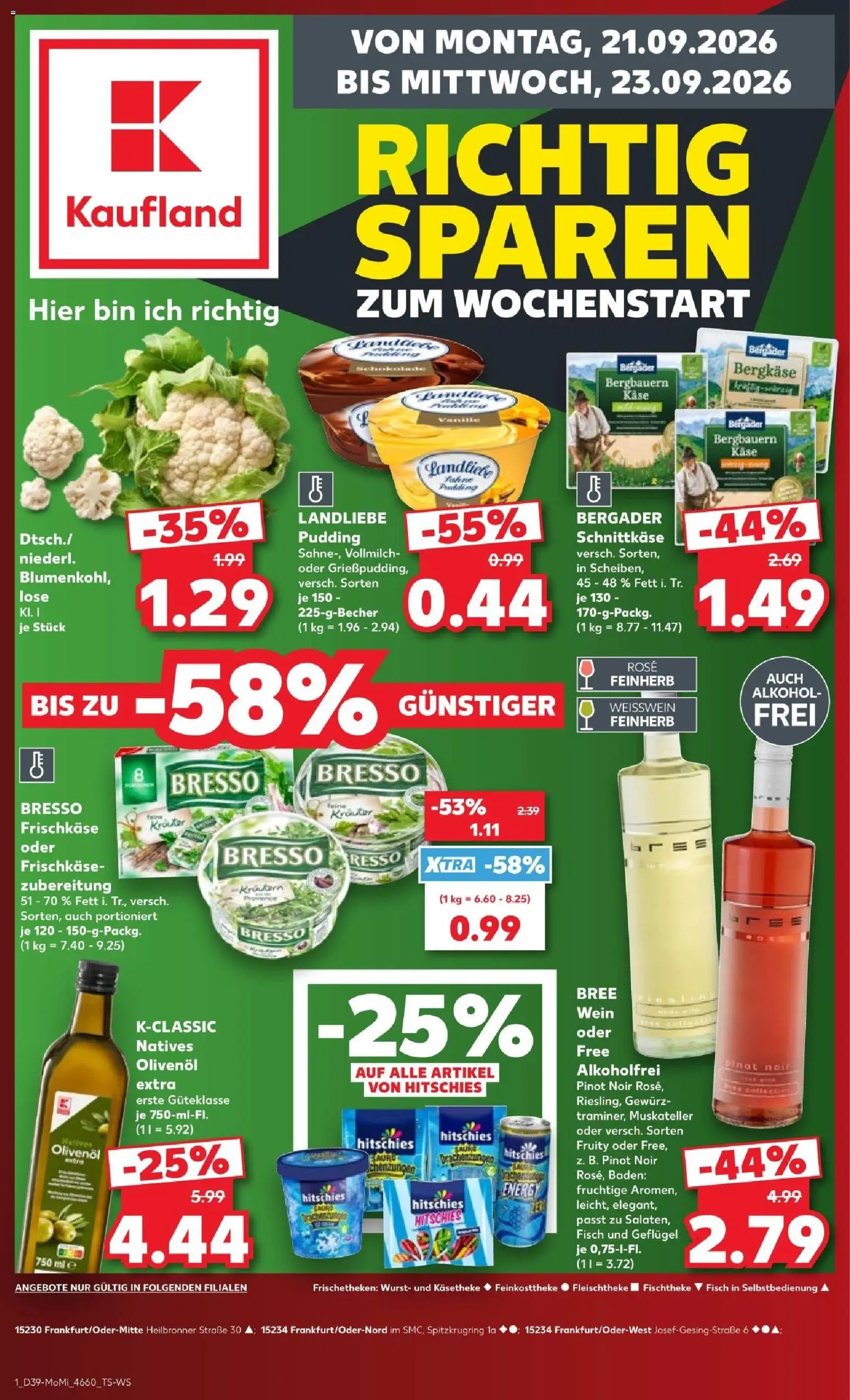 Kaufland Prospekt Frankfurt (Oder) – gültig ab 21.09.2026 | Seite: 1 | Produkte: Bree, Pudding, Alkohol, Wein