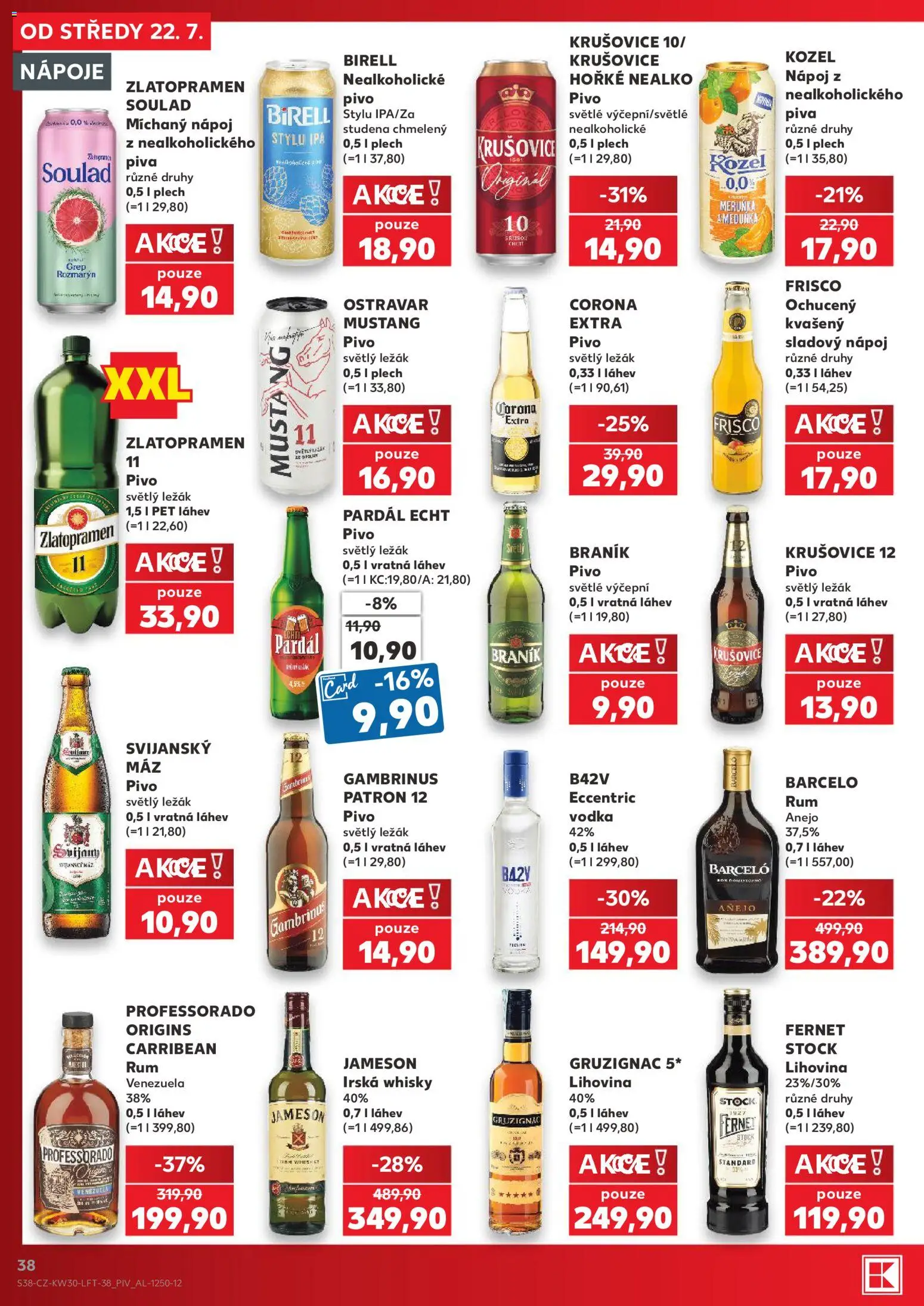 Kaufland leták od 22.07.2026 | Strana: 38 | Produkty: Fernet Stock, Whisky, Krušovice, Láhev