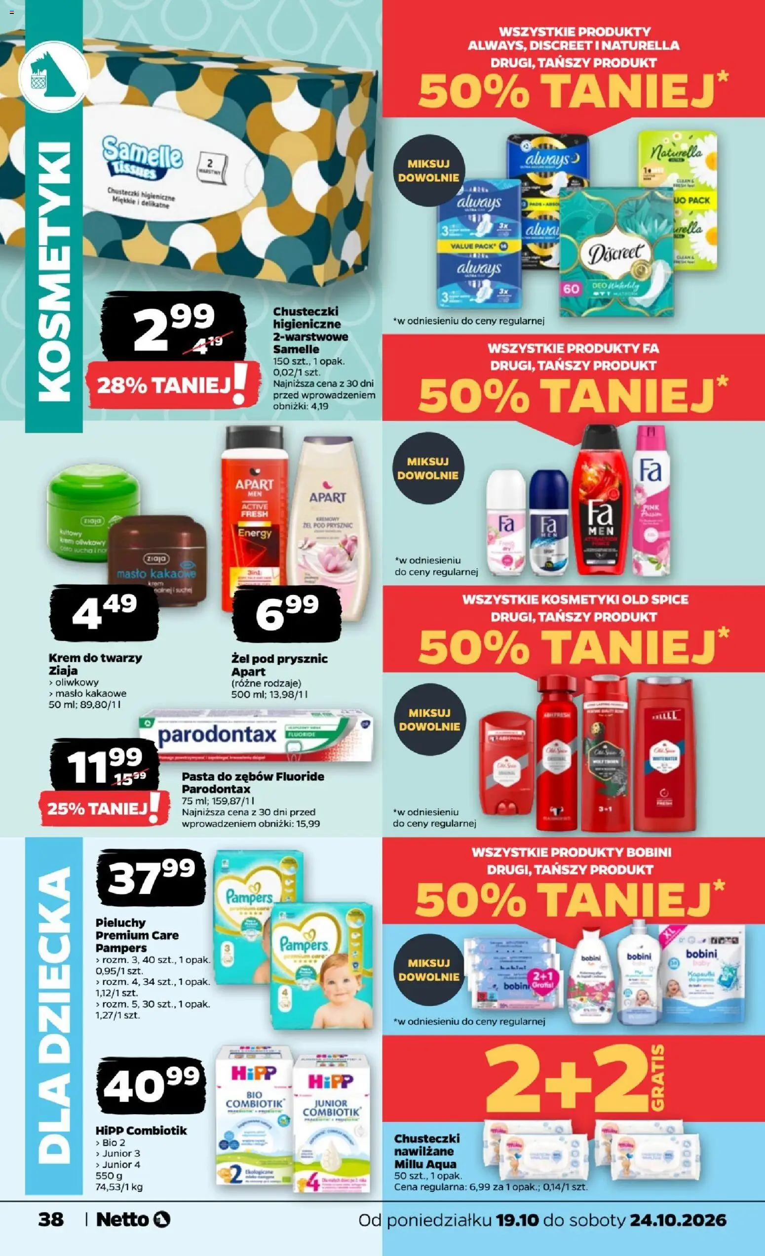 Netto gazetka od poniedziałku od 19.10.2026 | Strona: 38 | Produkty: Chusteczki nawilżane, Kosmetyki, Pasta do zębów, Old spice