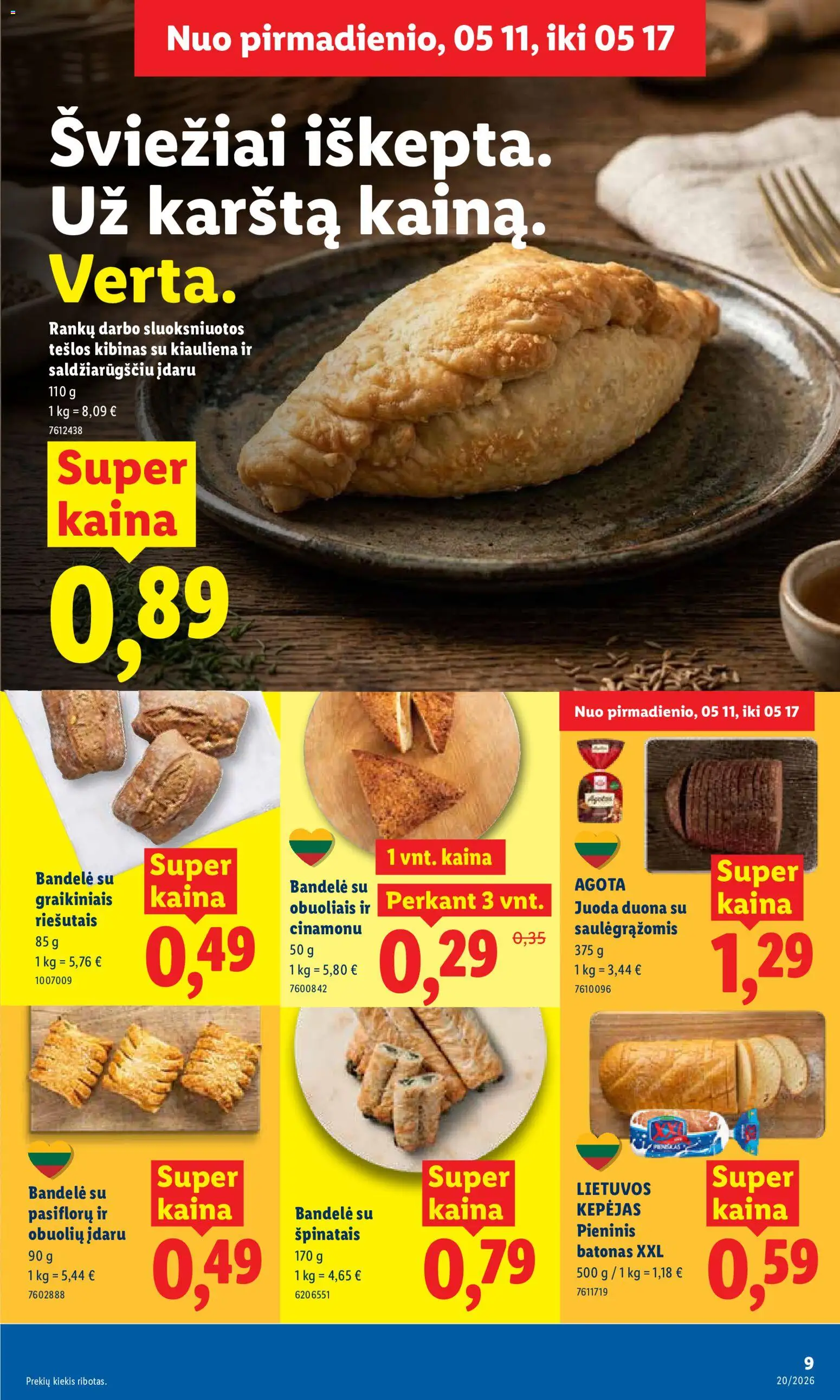 LIDL akcijos nuo 11.05.2026 | Puslapis: 9 | Prekių: Batonas, Bandelė, Duona, Kiauliena