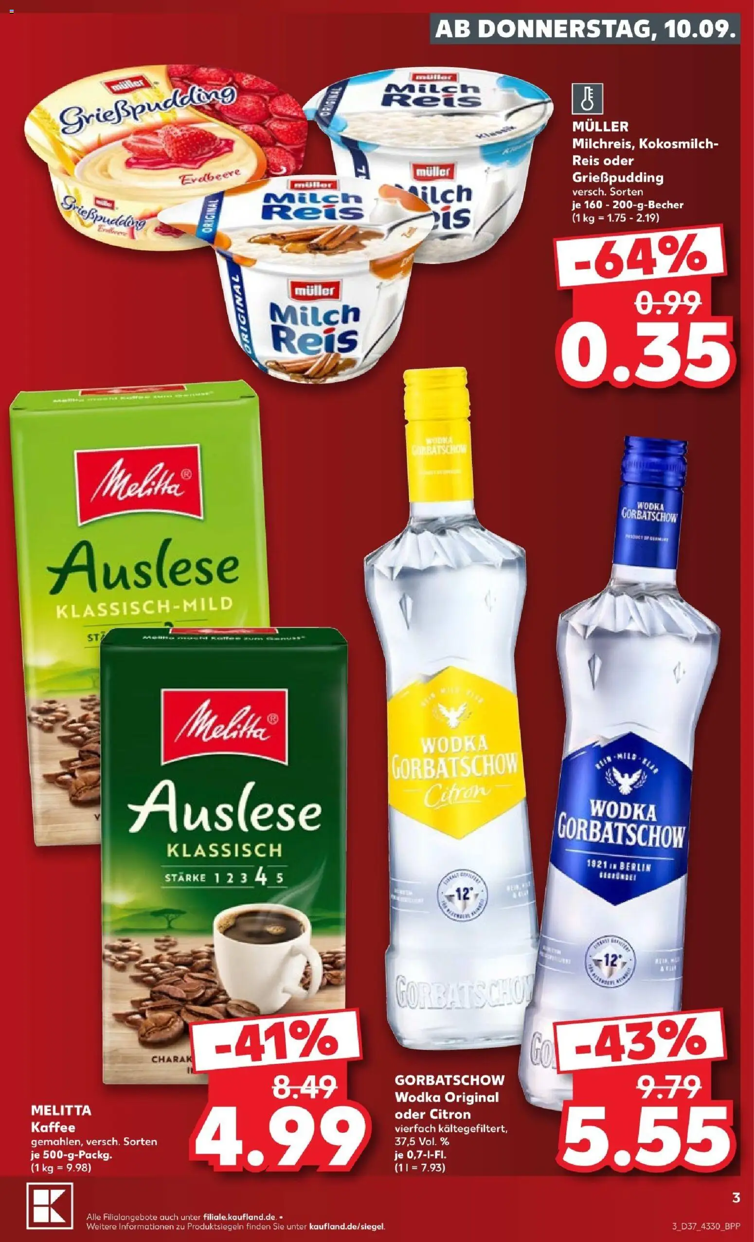 Kaufland Prospekt Potsdam – gültig ab 10.09.2026 | Seite: 3 | Produkte: Melitta, Milch, Kaffee, Wodka gorbatschow
