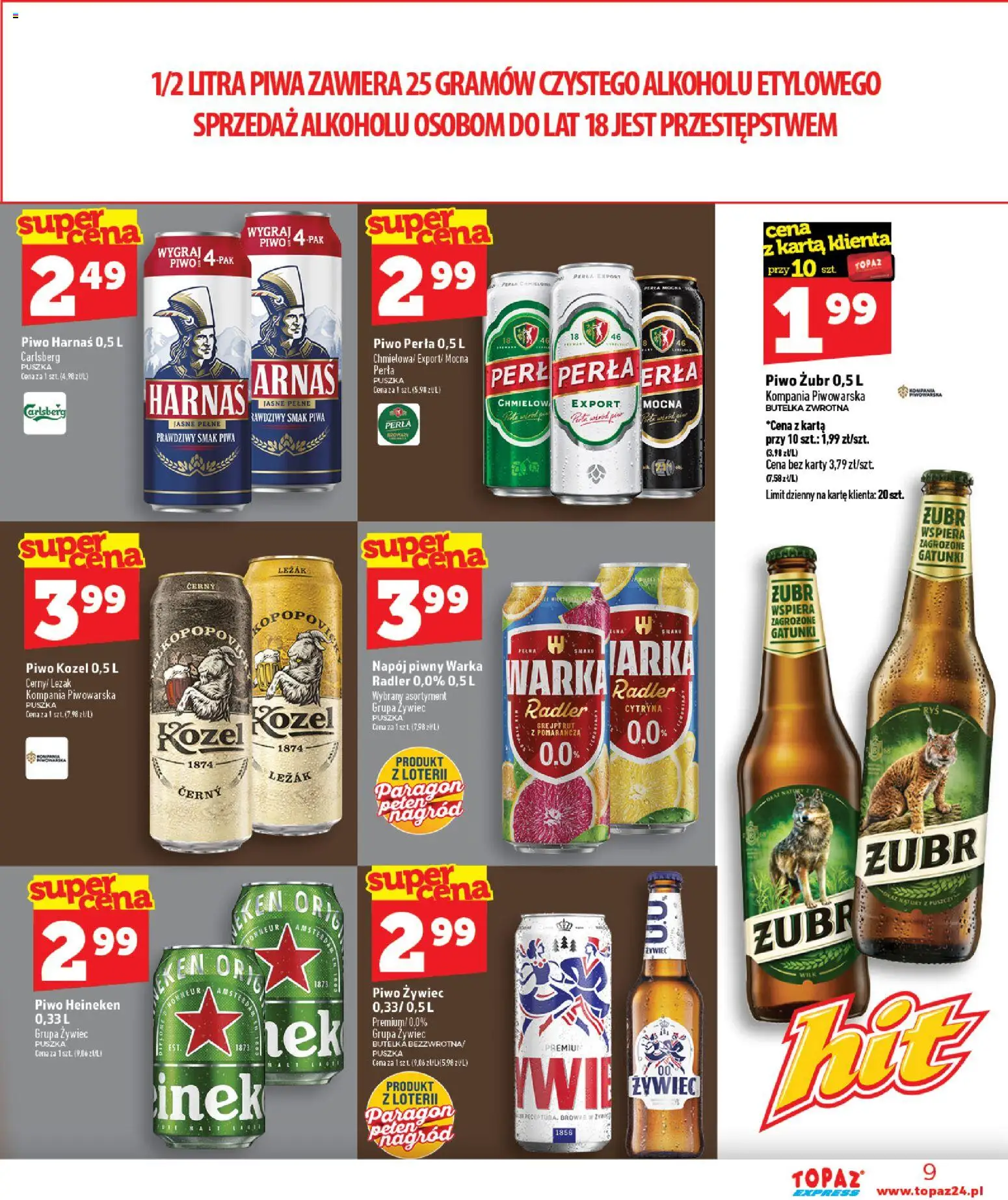 Topaz gazetka - Express od 10.09.2026 | Strona: 9 | Produkty: Piwo żubr, Piwo Heineken, Carlsberg, Piwo kozel