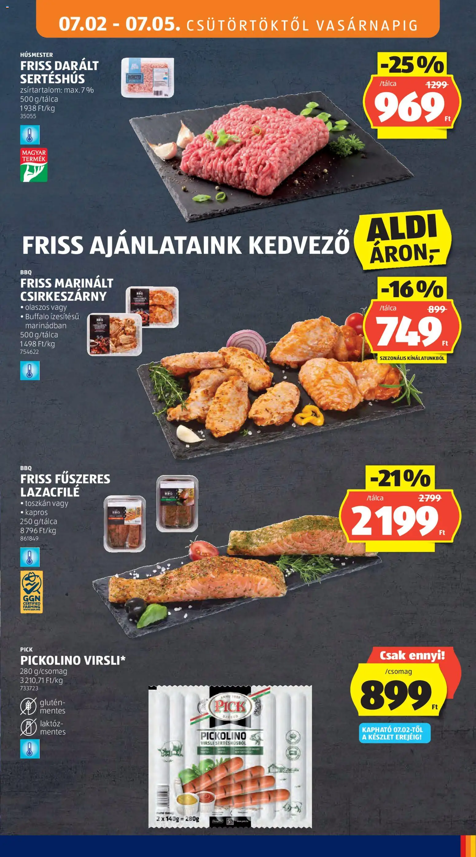 Aldi akciós ujság - amely érvényes a következő dátumtól: 2026.07.02. | Oldal: 11 | Termékek: Pick, Lazacfilé, Darált sertéshús, Sertéshús