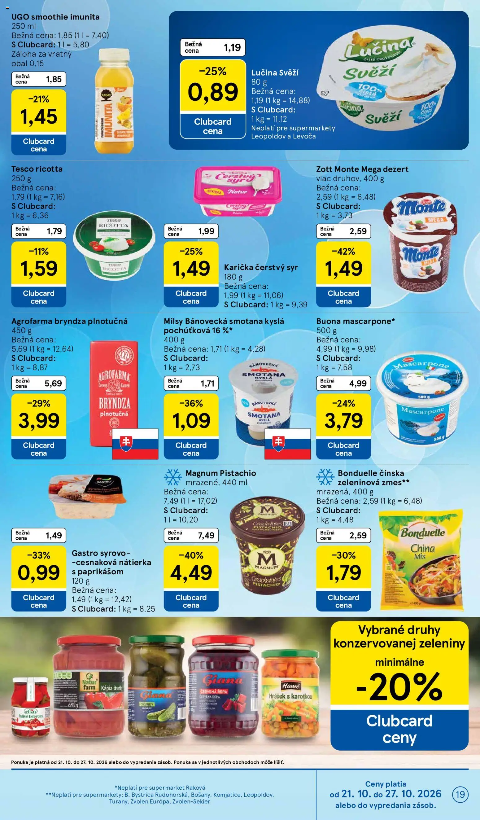 Nové Tesco akcie – leták je platný od 21.10.2026 | Strana: 19 | Produkty: Syr, Nátierka, Bryndza, Smoothie