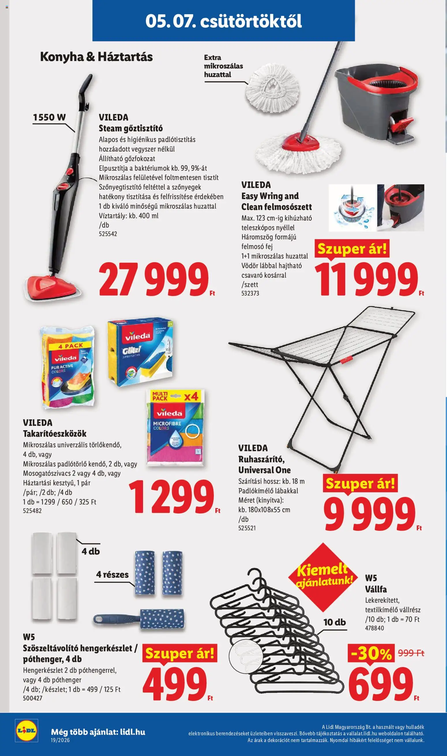 Lidl akciós ujság - amely érvényes a következő dátumtól: 07.05.2026 | Oldal: 12 | Termékek: Szőnyegek, Gőztisztító, Roller, Vállfa