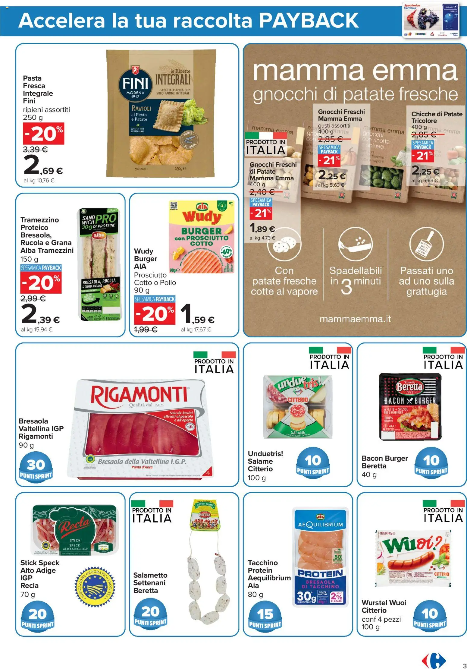 Volantino Carrefour del 20/08/2026 | Pagina: 3 | Prodotti: Prosciutto Cotto, Rucola, Pasta, Bacon