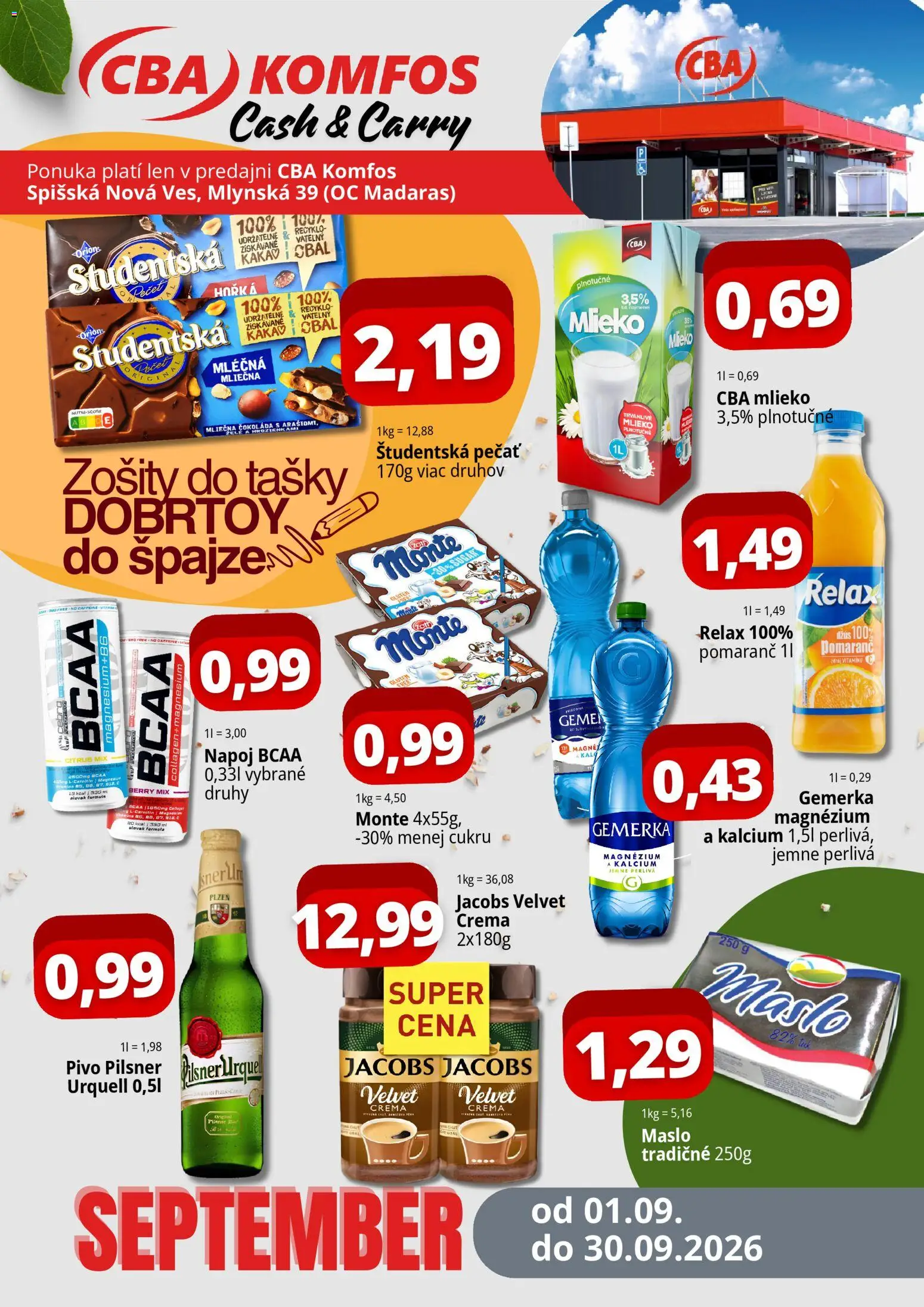 Nové CBA Komfos akcie – leták je platný od 01.09.2026 | Strana: 1 | Produkty: Jacobs Velvet, Maslo, Pilsner Urquell, Gemerka