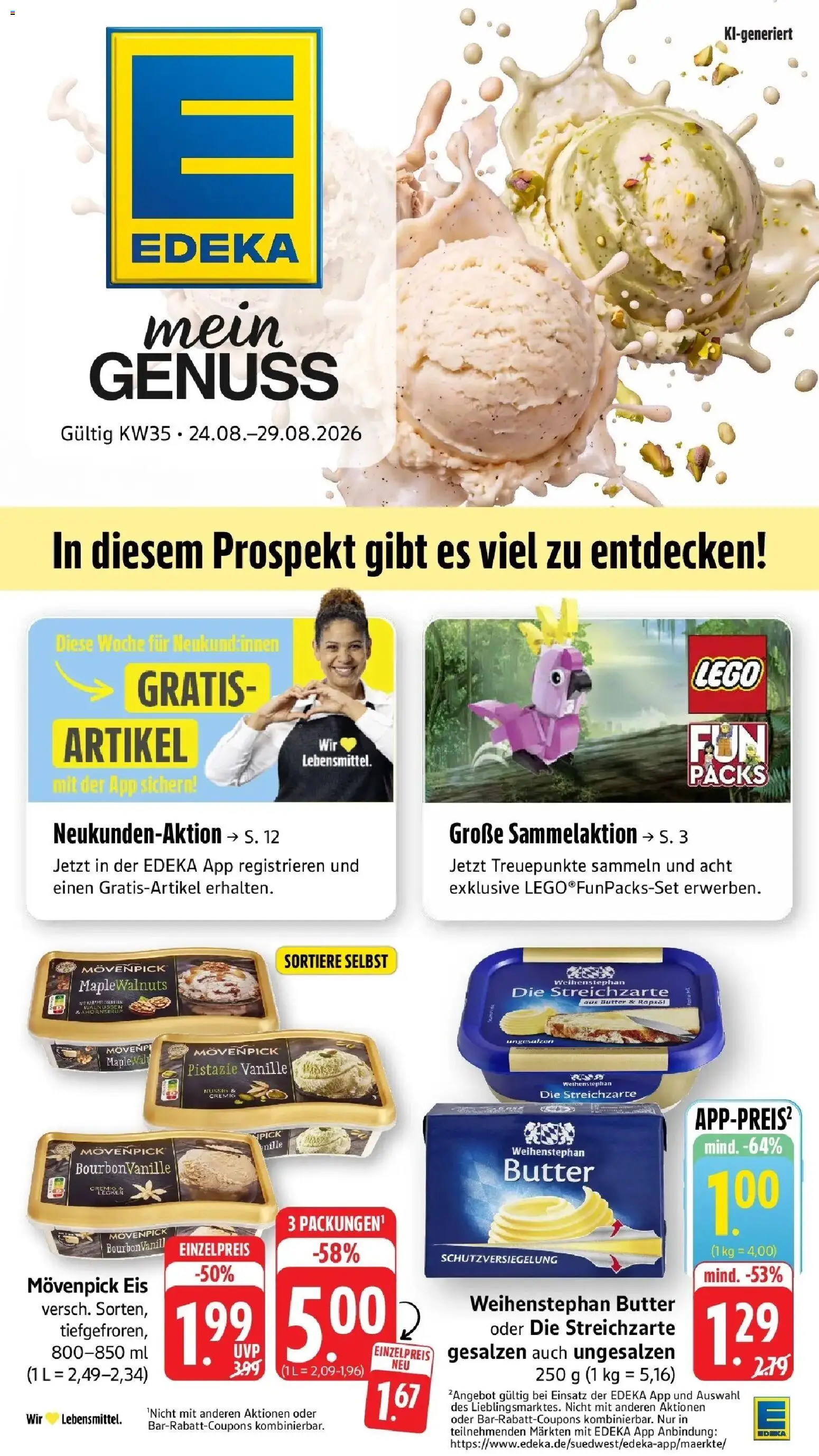 Edeka Prospekt Wangen (ab 24.08.2026) » Angebote Online | Seite: 1 | Produkte: Butter, Weihenstephan butter, Movenpick eis, Eis