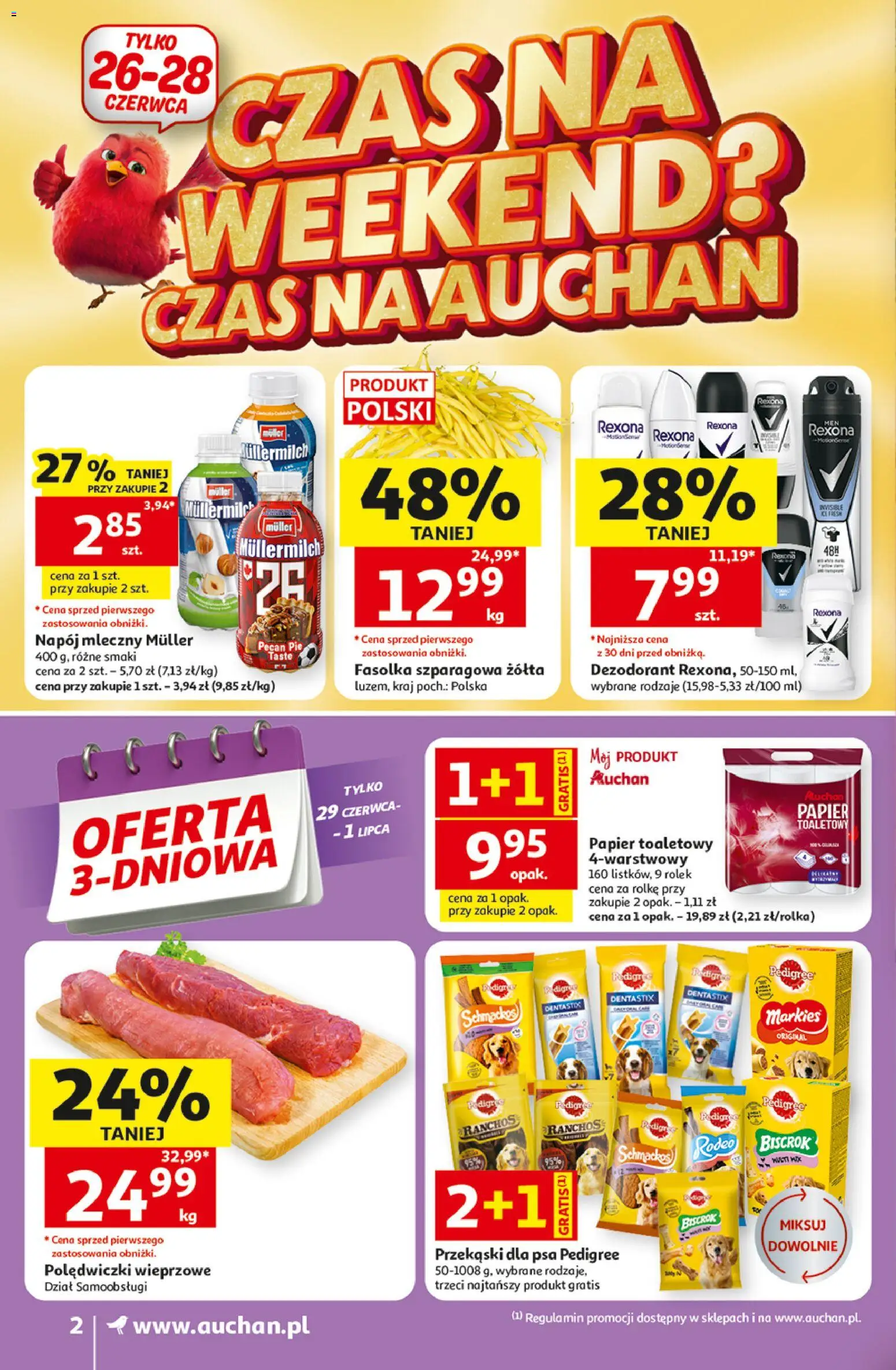 Auchan gazetka od 25.06.2026 | Strona: 2 | Produkty: Papier toaletowy, Polędwiczki wieprzowe, Pedigree, Fasolka szparagowa