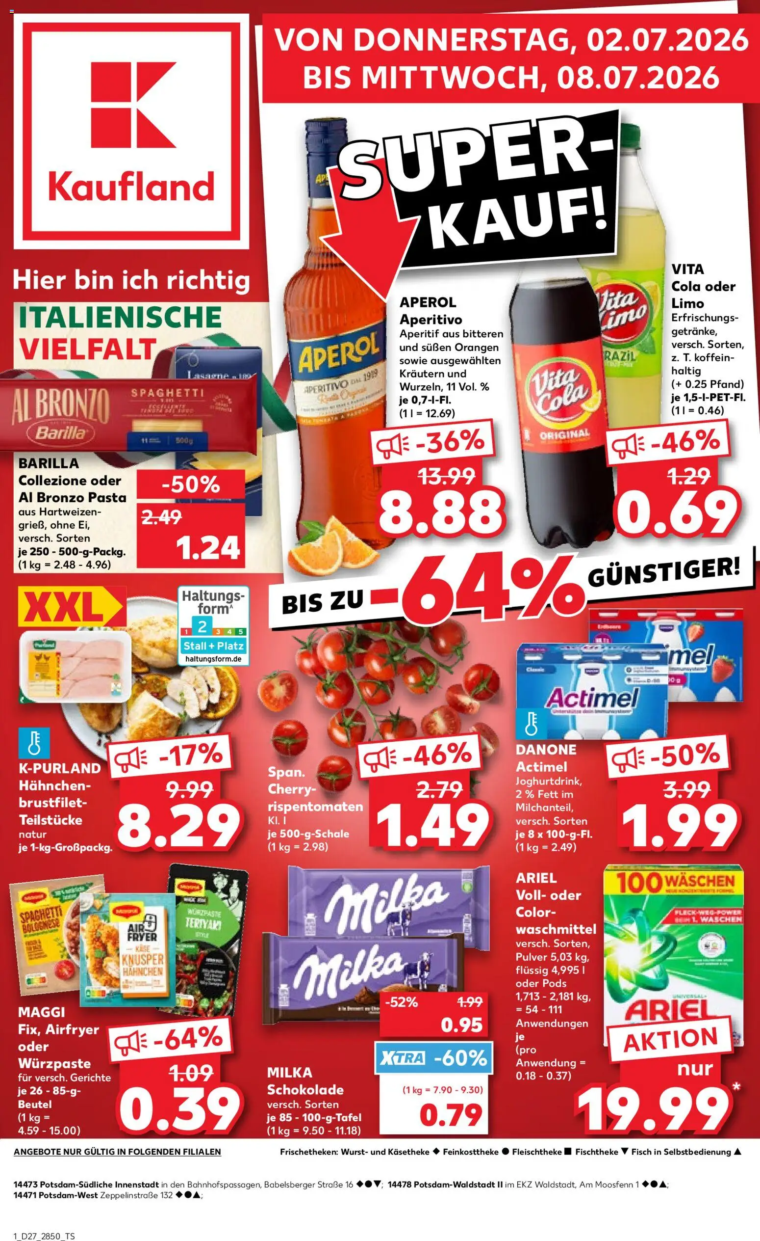 Kaufland Prospekt Potsdam – gültig ab 02.07.2026 | Seite: 1 | Produkte: Milka, Fisch, Waschmittel, Aperol