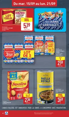 Aldi - Prévisualisation de TORSADES OU SPAGHETTI COURTS, LUSTUCRU® TORSADES OU SPAGHETTI COURTS 3 MIN ✪ Le lot de 3 x 500 g. Cuisson rapide. valide à partir de 15/09/2026 | Page: 20 | Produits: Spaghetti, Pomme de terre, Cassoulet, Pain