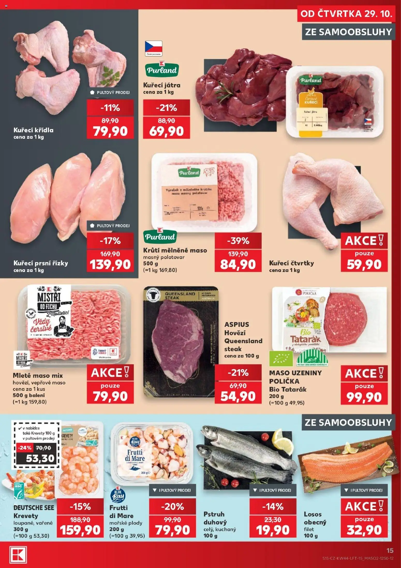 Kaufland leták - Kolín od 29.10.2026 | Strana: 15 | Produkty: Hovězí, Kuřecí čtvrtky, Prsní řízky, Krevety