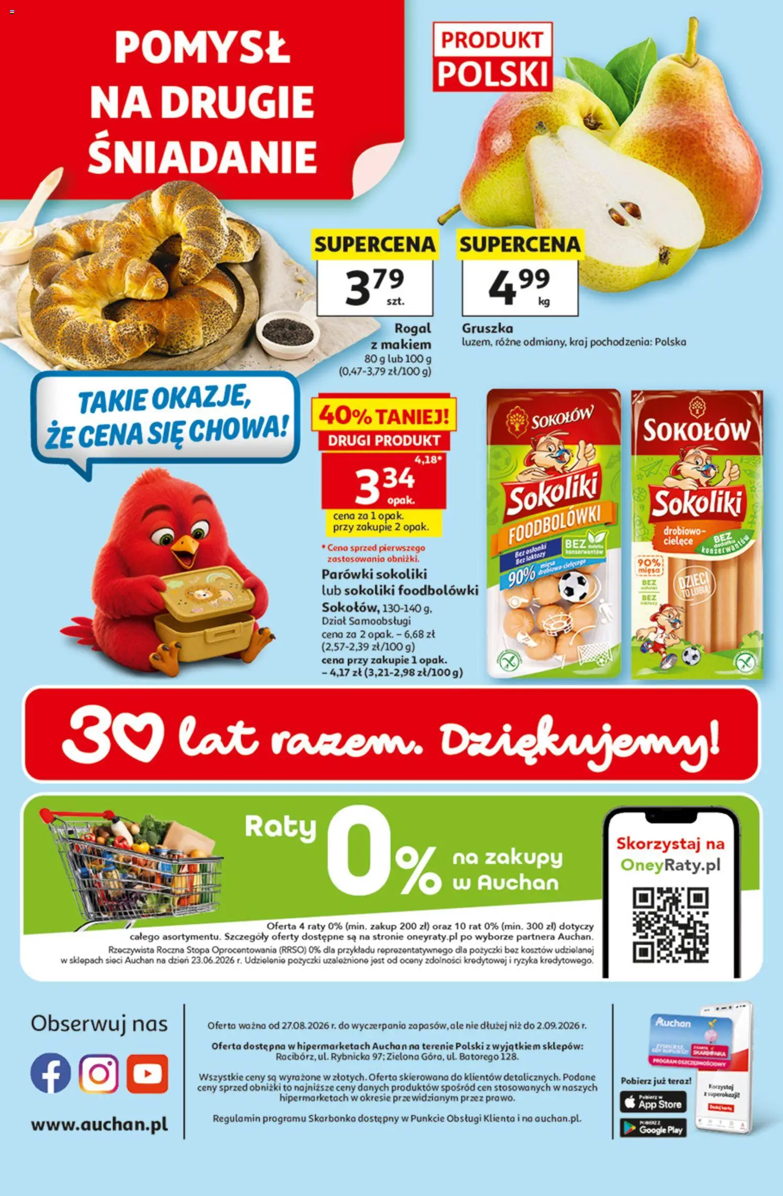 Auchan gazetka - 30 Lat Hipermarket od 27.08.2026 | Strona: 49 | Produkty: Gruszka, Bez laktozy, Parówki sokoliki, Parówki