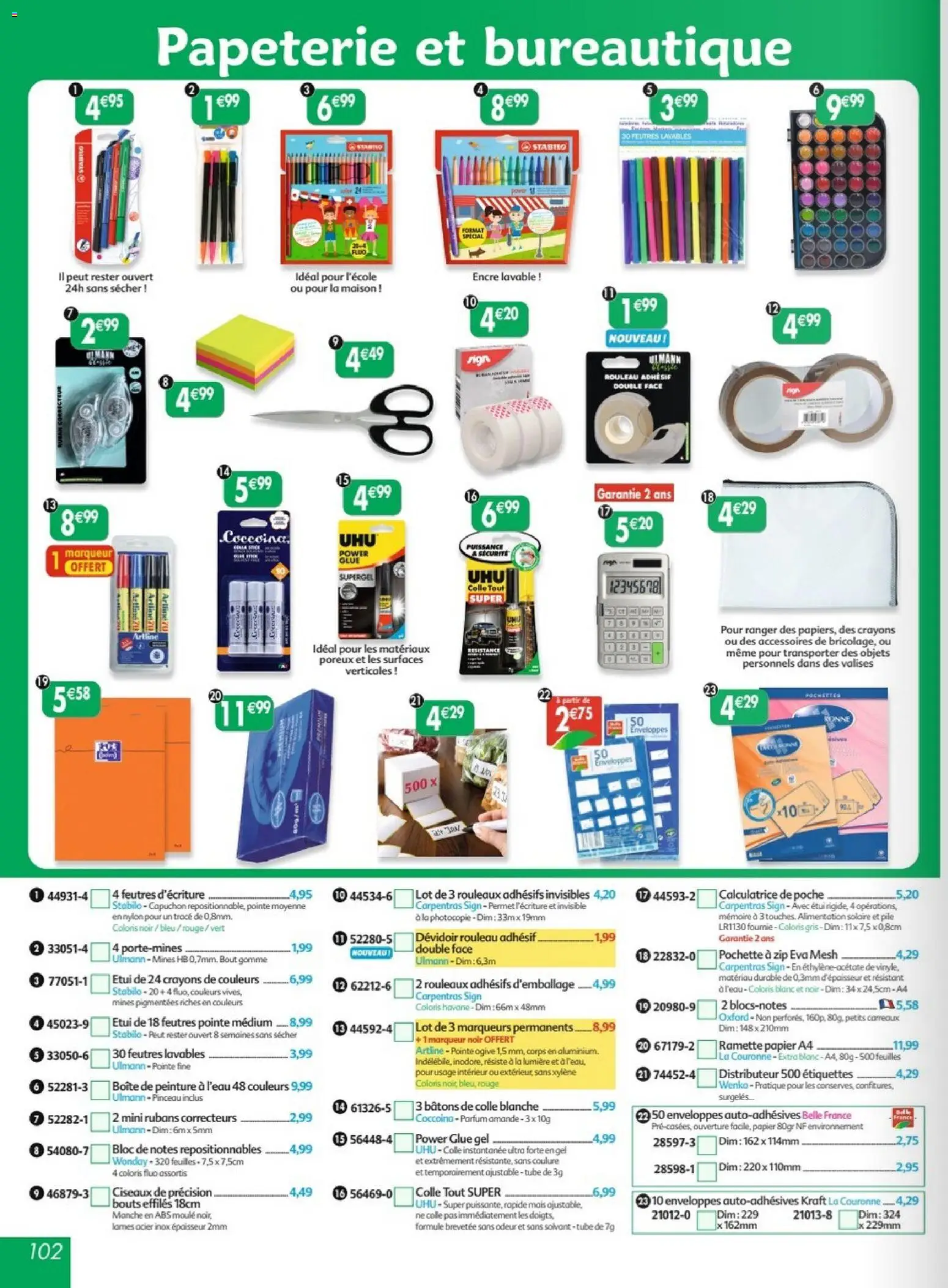 {H1} | Page: 102 | Produits: Amande, Calculatrice, Pinceau, Ciseaux